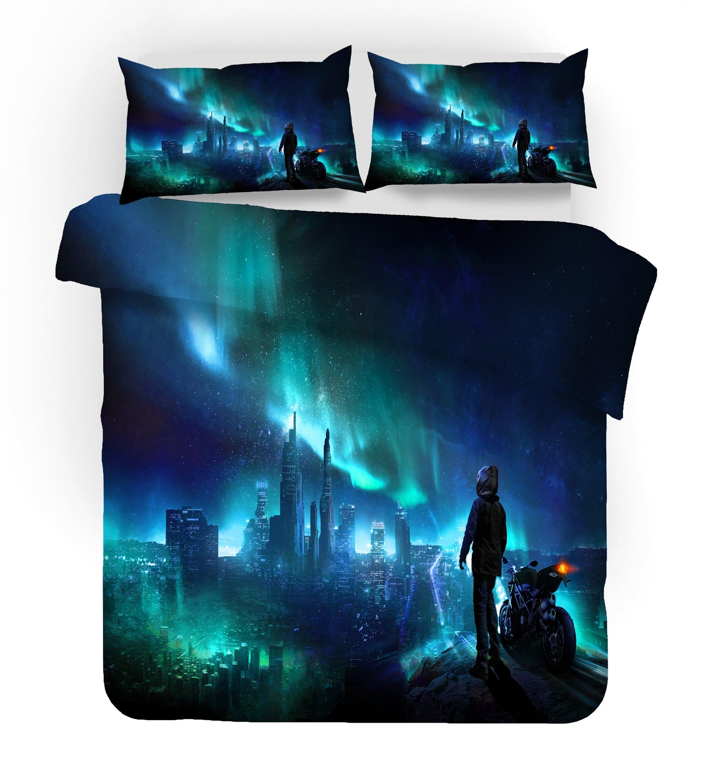 3D Blue Motorcycle City Skyscraper Sky Star Night Quilt Cover Set Bedding Set Pillowcases 87