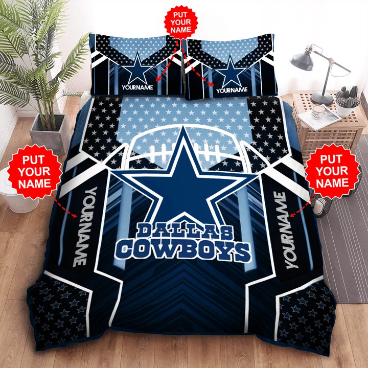 NFL Dallas Cowboys Custom Name Black Light Blue Bedding Set