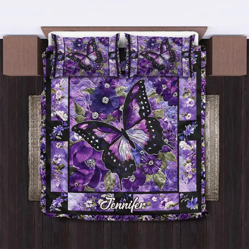 Gorgeous Purple Butterfly Flowers Personalized Name Quilt Bedding Set