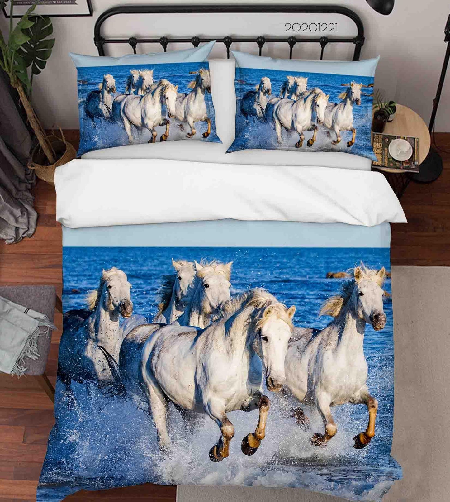 3D Blue Sea White Running Horse Quilt Cover Set Bedding Set Duvet Cover Pillowcases 200 LQH