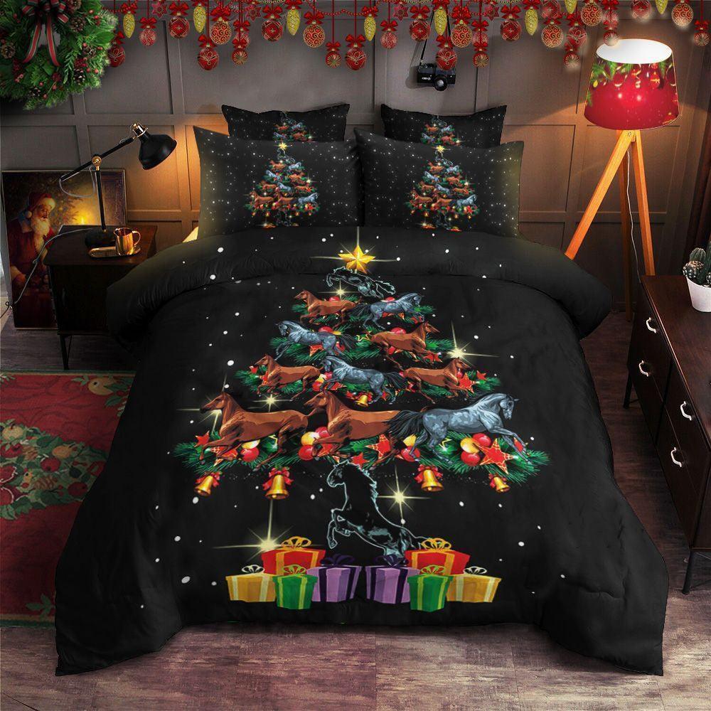 Personalized 3-piece Duvet Cover Bedding Set Horse Christmas Tree Bedding Set IYIB
