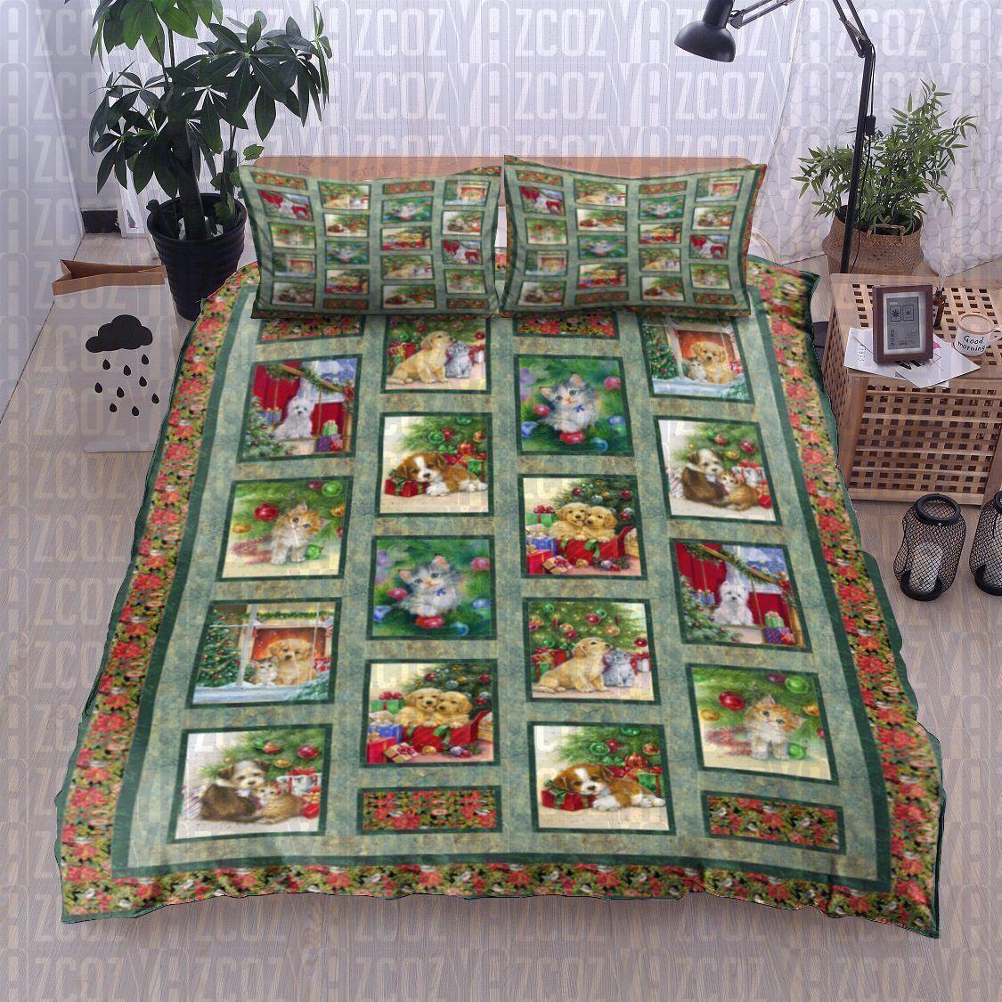 Personalized 3-piece Duvet Cover Bedding Set Christmas Pets Cats And Dog Bedding Set IYO