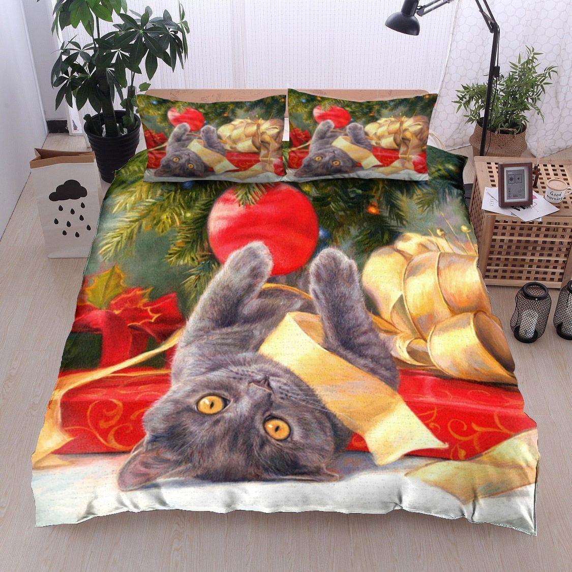 Personalized 3-piece Duvet Cover Bedding Set Christmas Cat Bedding Set IYS