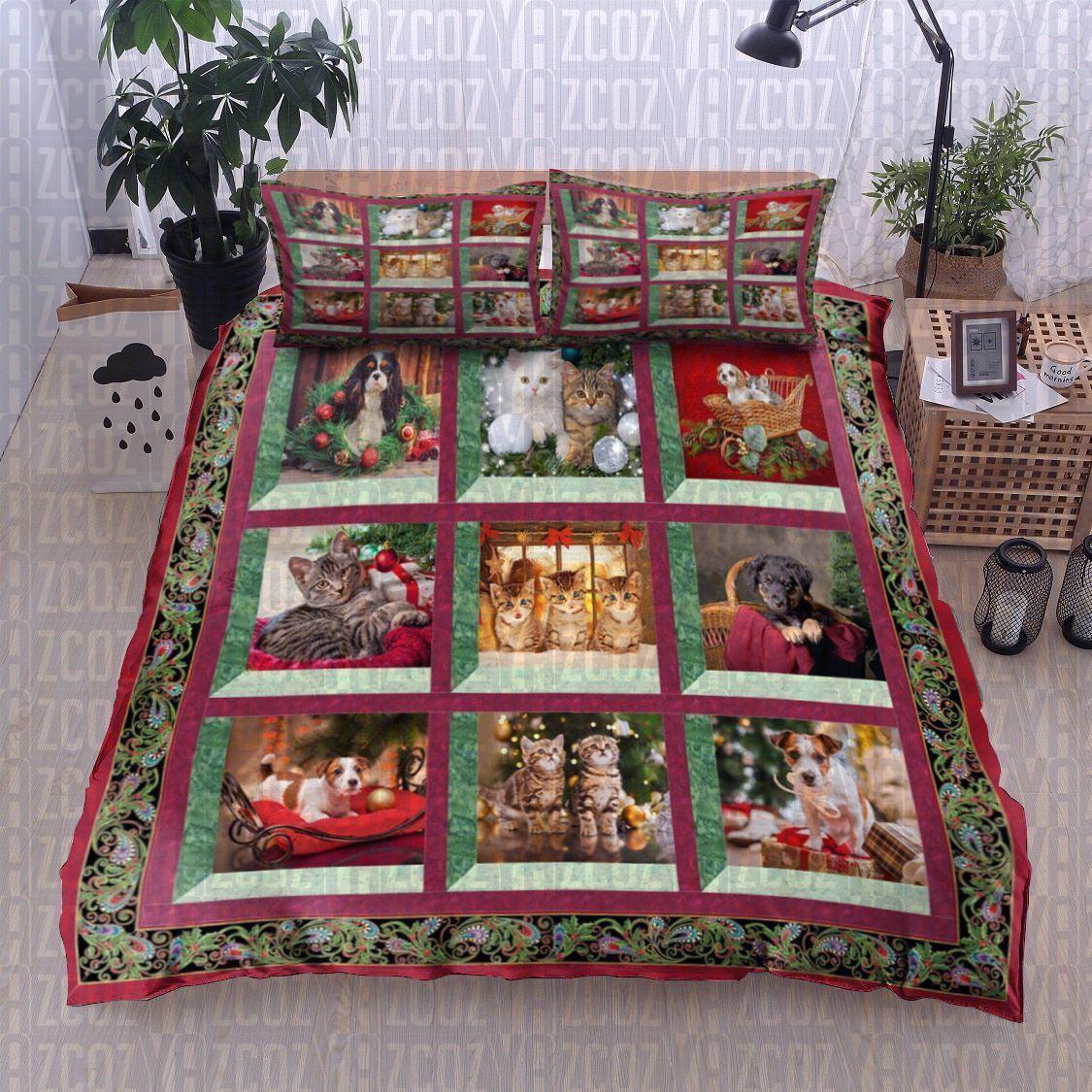 Personalized 3-piece Duvet Cover Bedding Set Christmas Pets Cats And Dog Bedding Set IYW