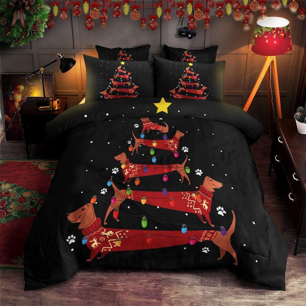 Personalized 3-piece Duvet Cover Bedding Set Dachshund Dog Christmas Tree CG0711035T Bedding Sets