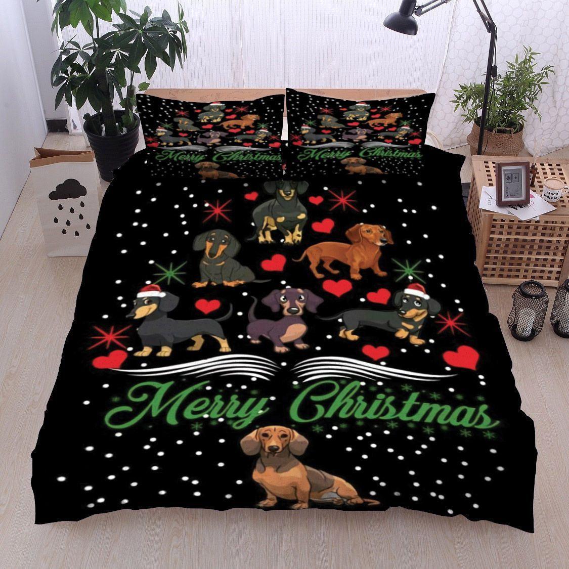 Personalized 3-piece Duvet Cover Bedding Set Dachshund Merry Christmas HN14100086B Bedding Sets
