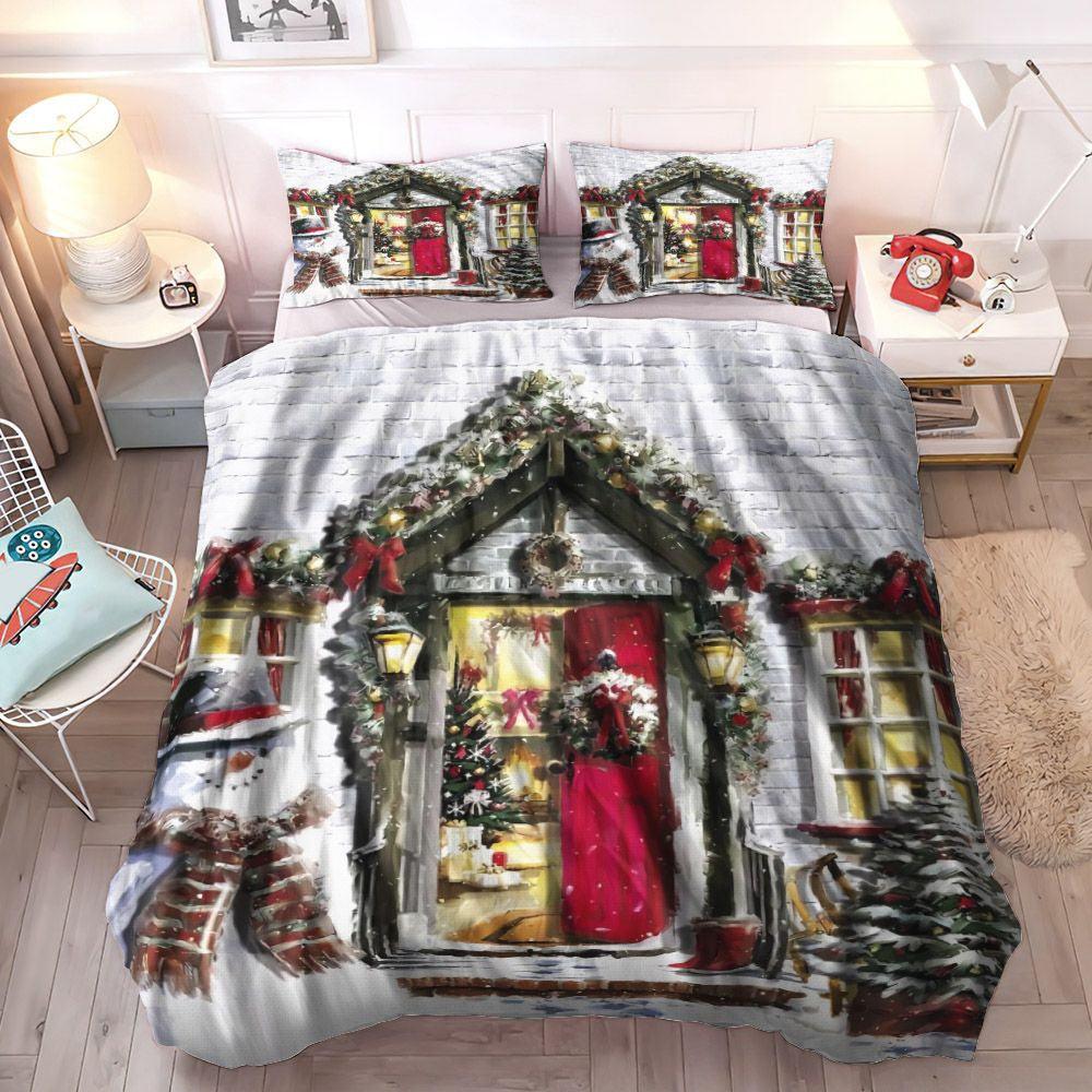 Snowman Bedding Set, Christmas Decoration Soft Duvet Cover Set, House King Size Bedding Set, House Christmas Bedding Set, Gifts for House