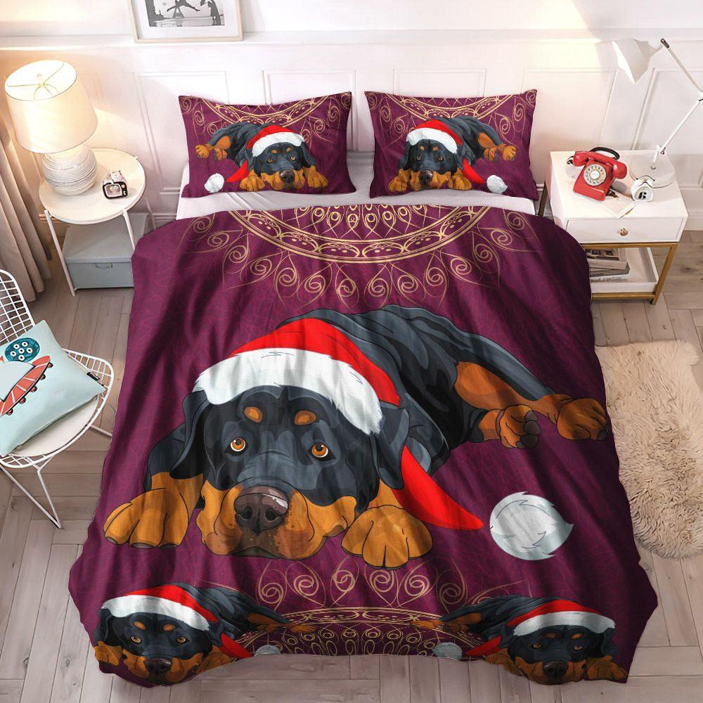 Merry Christmas Soft Duvet Cover Set, Christmas Decoration Queen Size Bedding Set, Rottweiler Christmas Bedding Set, Gifts for Rottweiler