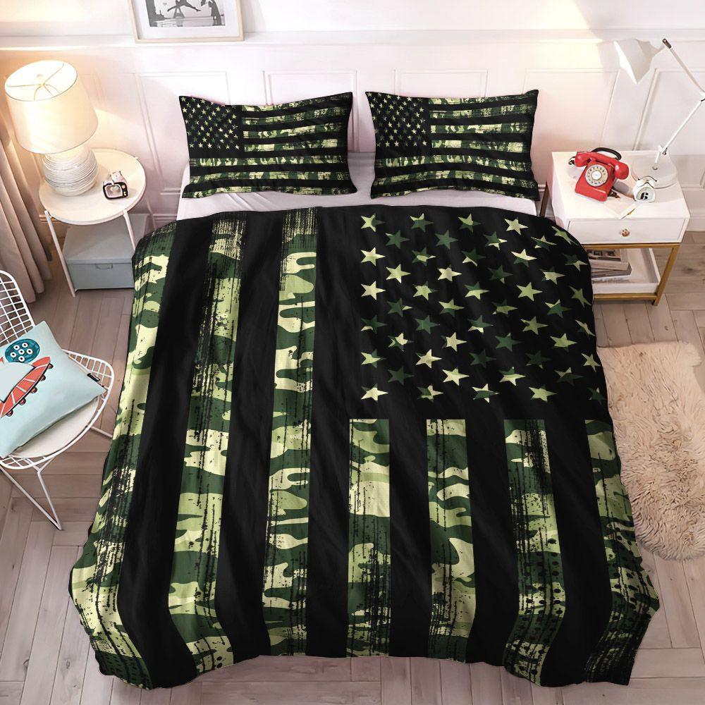 America Lovers Soft Duvet Cover Set, Patriotic Bedding Set, Green Camouflage American Flag Bedding Sets, Gifts for Green