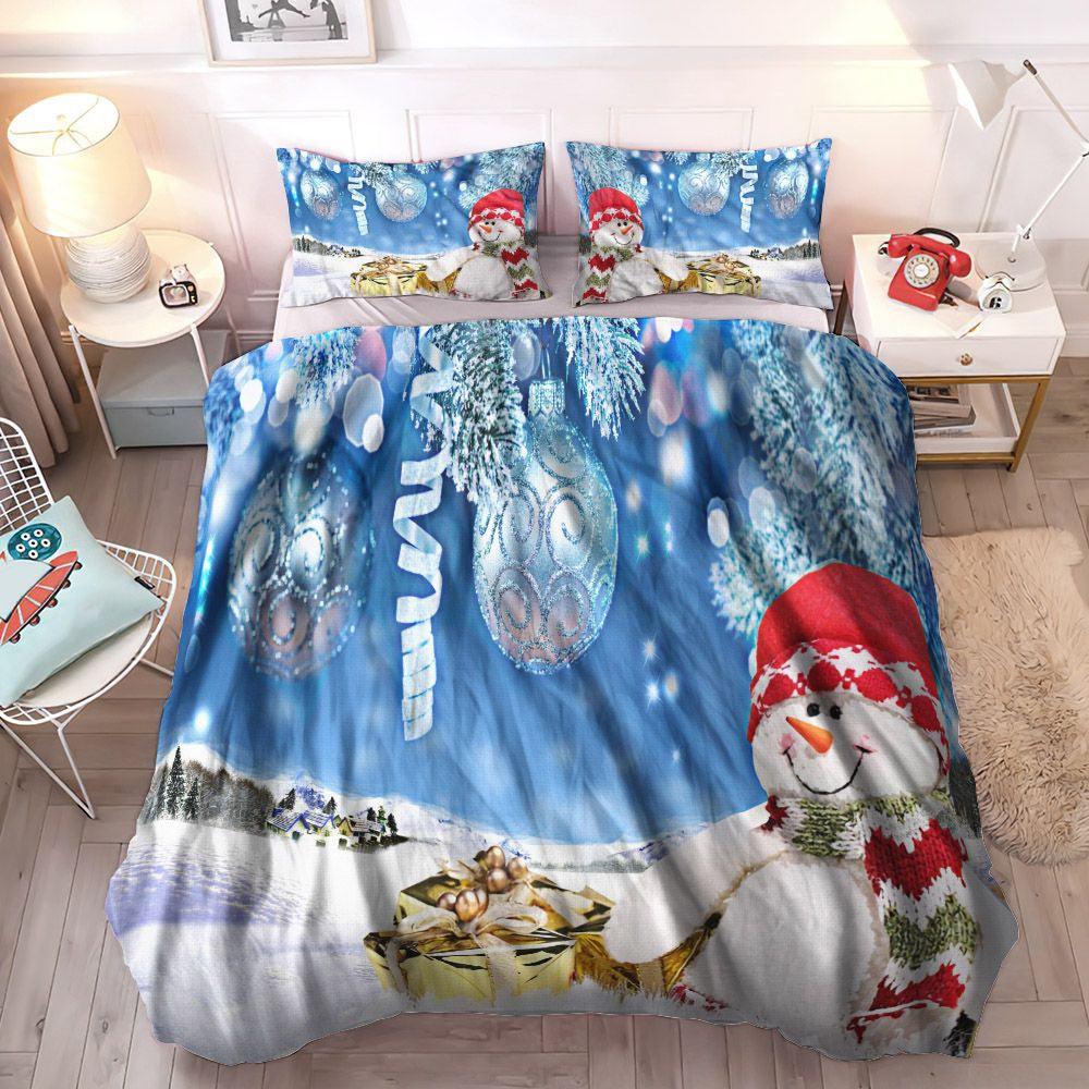 Personalized 3-piece Duvet Cover Bedding Set Christmas Decoration King Size Bedding Set, Snowman Cozy Bedding Set, Snowman And Christmas Gifts Silvery Bedding Set, Gifts for Snowman