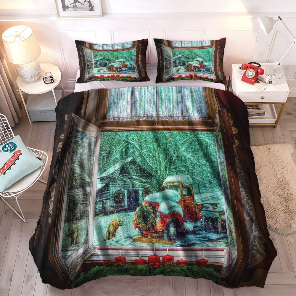 Personalized 3-piece Duvet Cover Bedding Set Truck King Size Bedding Set, Christmas Bedding Set, Truck Christmas Snow Golden Bedding Sets, Gifts for Christmas