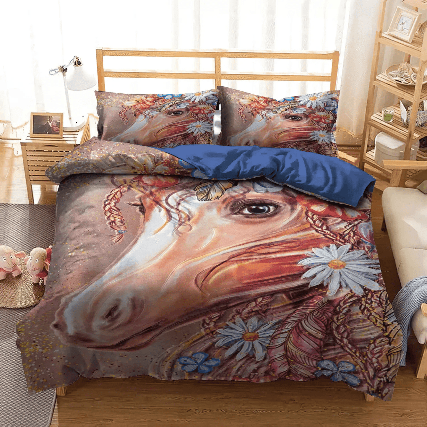 Bohemian Soft Duvet Cover Set, Hippie Design Bedding set, Boho King Size Bedding Set, Boho Hippie Horse Bedding Set, Gifts for Hippie