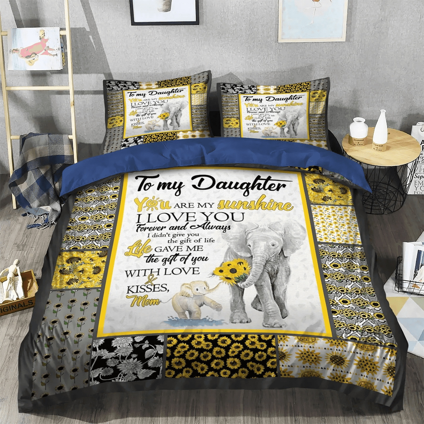 Personalized 3-piece Duvet Cover Bedding Set Sunflower Lover Bedding set, African Elephant Silhouette(s) King Size Bedding Set, Elephant Sunflower Mom To Daughter Bedding Set, Gifts for Sunflower