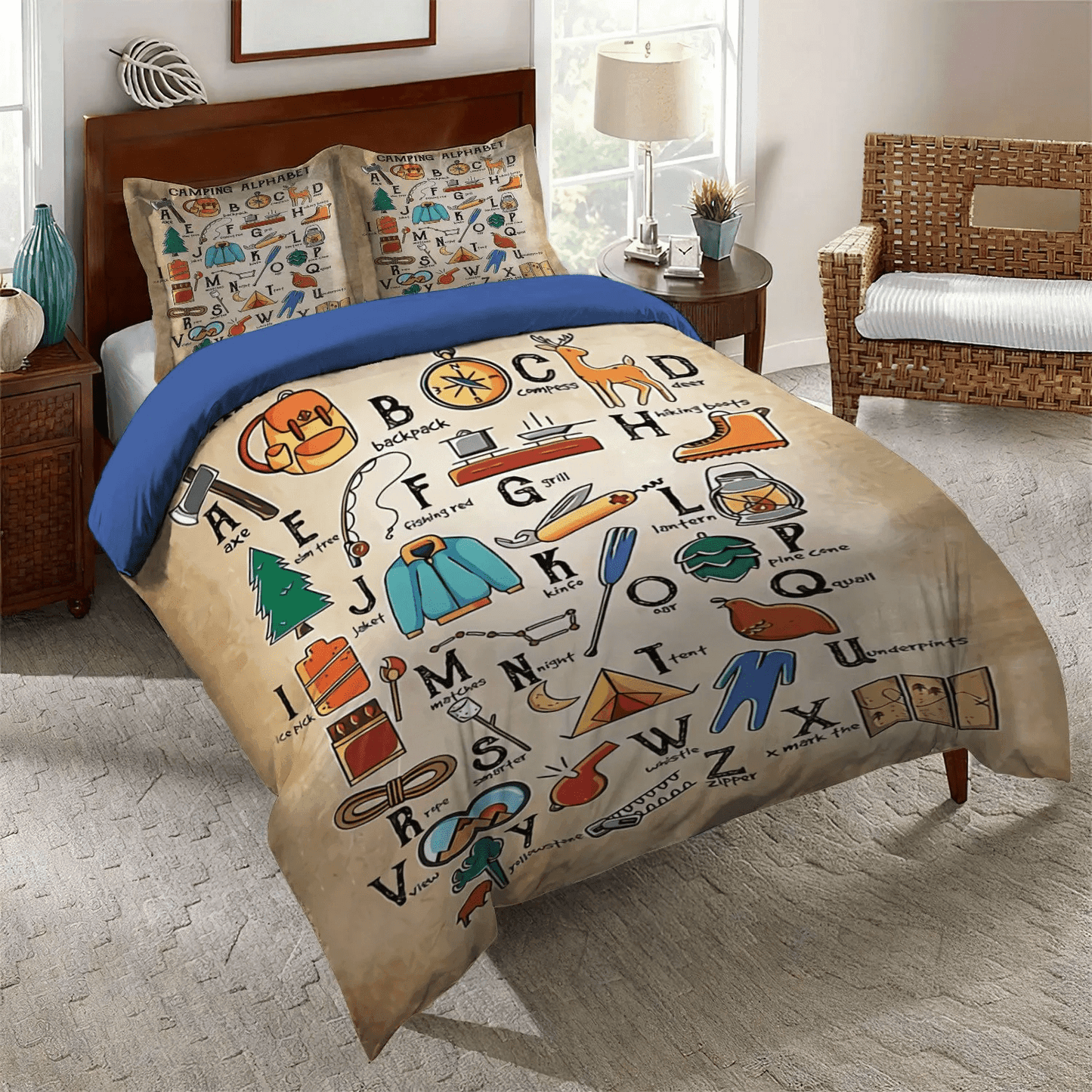 Alphabet Letter King Size Bedding Set, Family Camping Bedding set, Alphabet Soft Duvet Cover Set, Camping Alphabet Bedding Set, Gifts for Alphabet