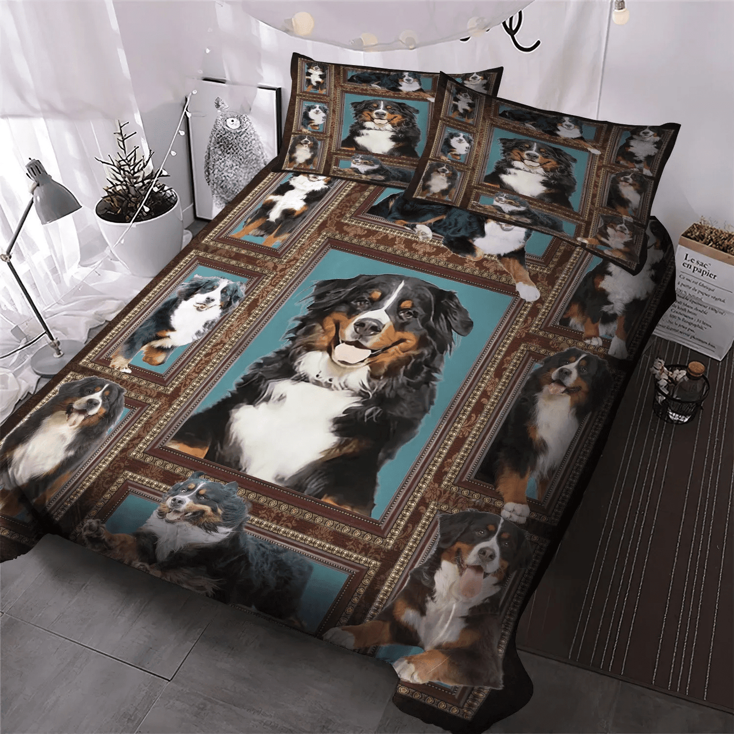 Cute Sleeping Chibi Dog Queen Size Bedding Set, Dog Soft Duvet Cover Set, Bernese Mountain Dog Frame Bedding Set, Gifts for Dog