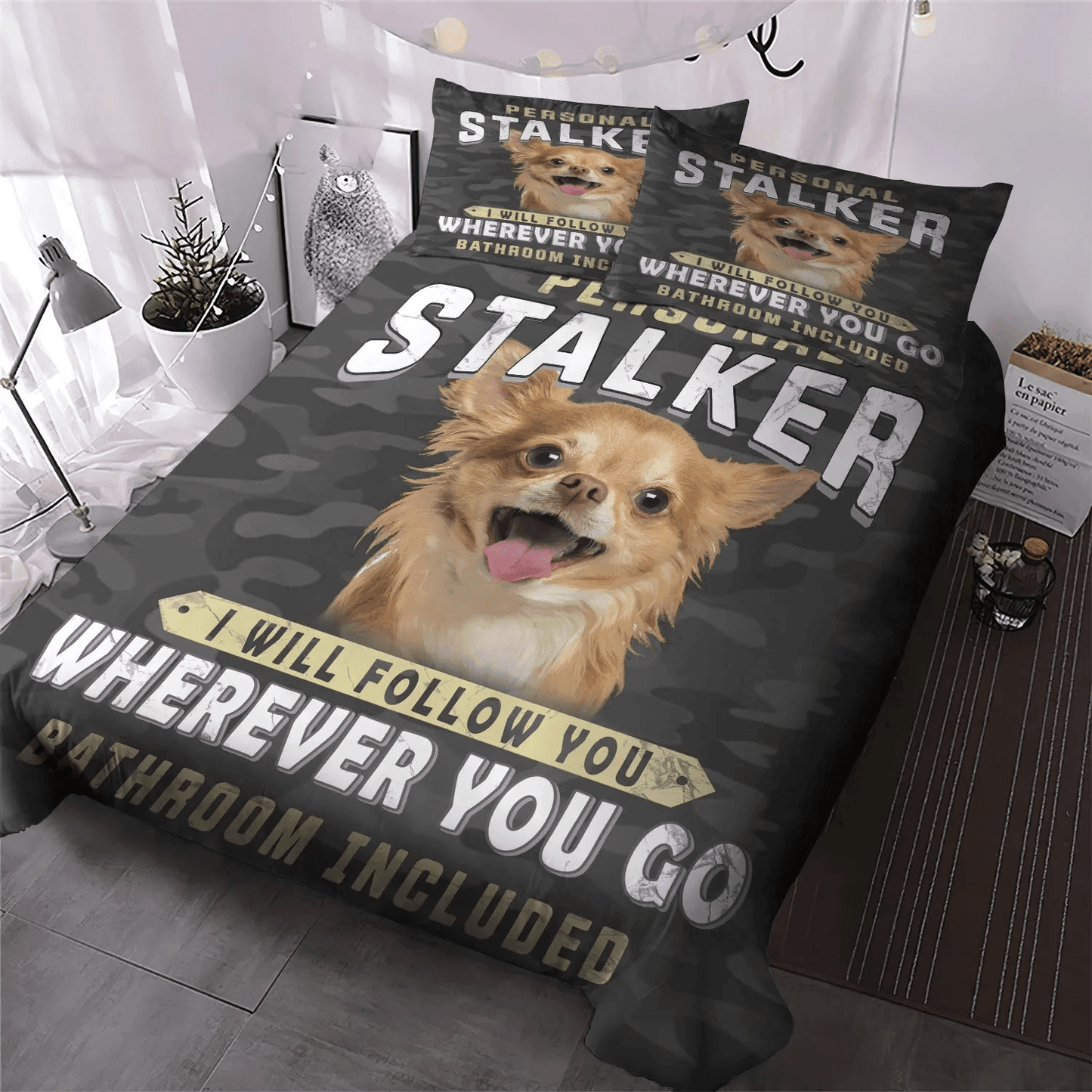 Cute Sleeping Chibi Dog Soft Duvet Cover Set, Chihuahua Stalker Queen Size Bedding Set, Chihuahua Dog Bedding Set, Gifts for Chihuahua