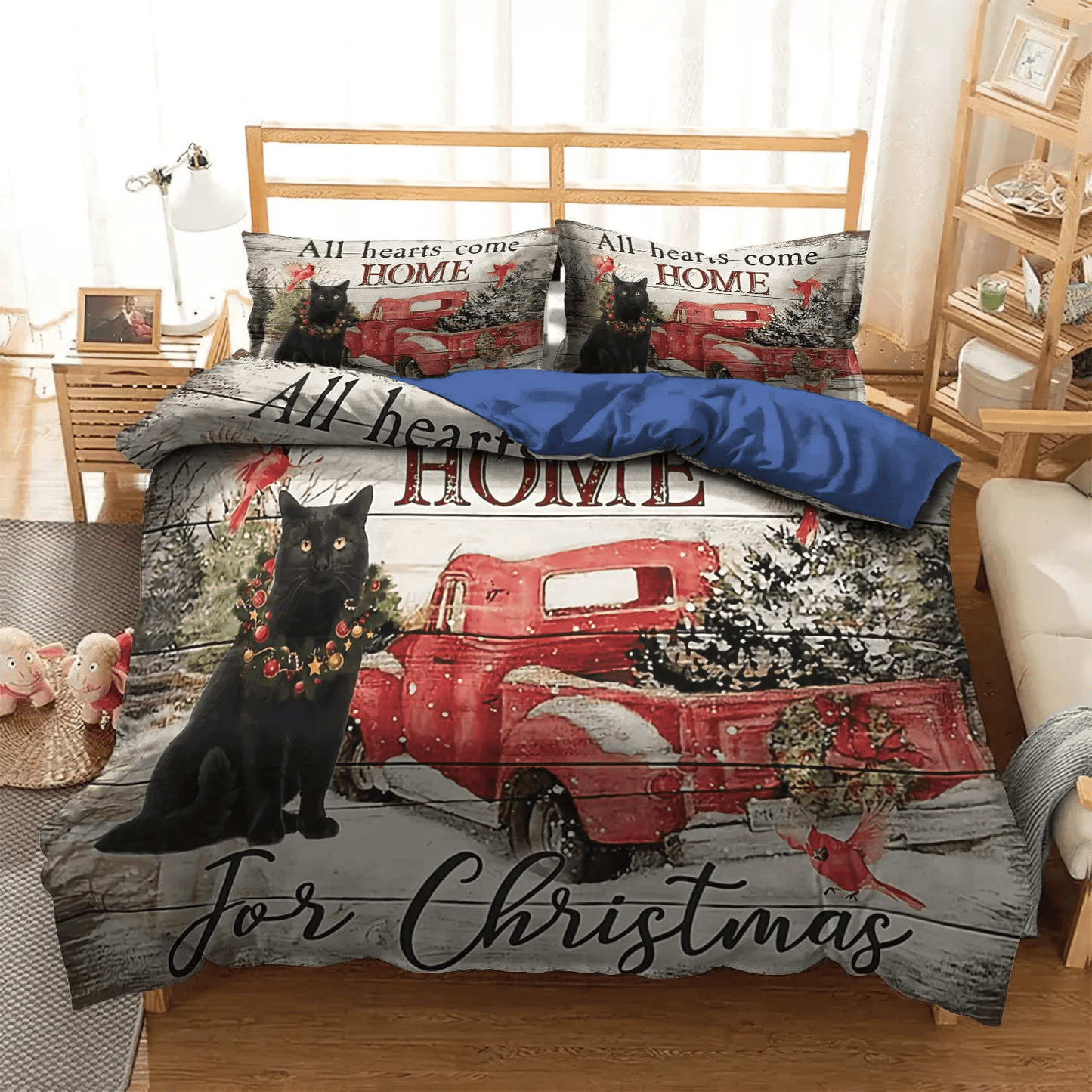 Personalized 3-piece Duvet Cover Bedding Set Black Cat Foals Queen Size Bedding Set, Merry Christmas Quotes Bedding set, Black Cat All Hearts Come Home For Christmas Bedding Set, Gifts for Home