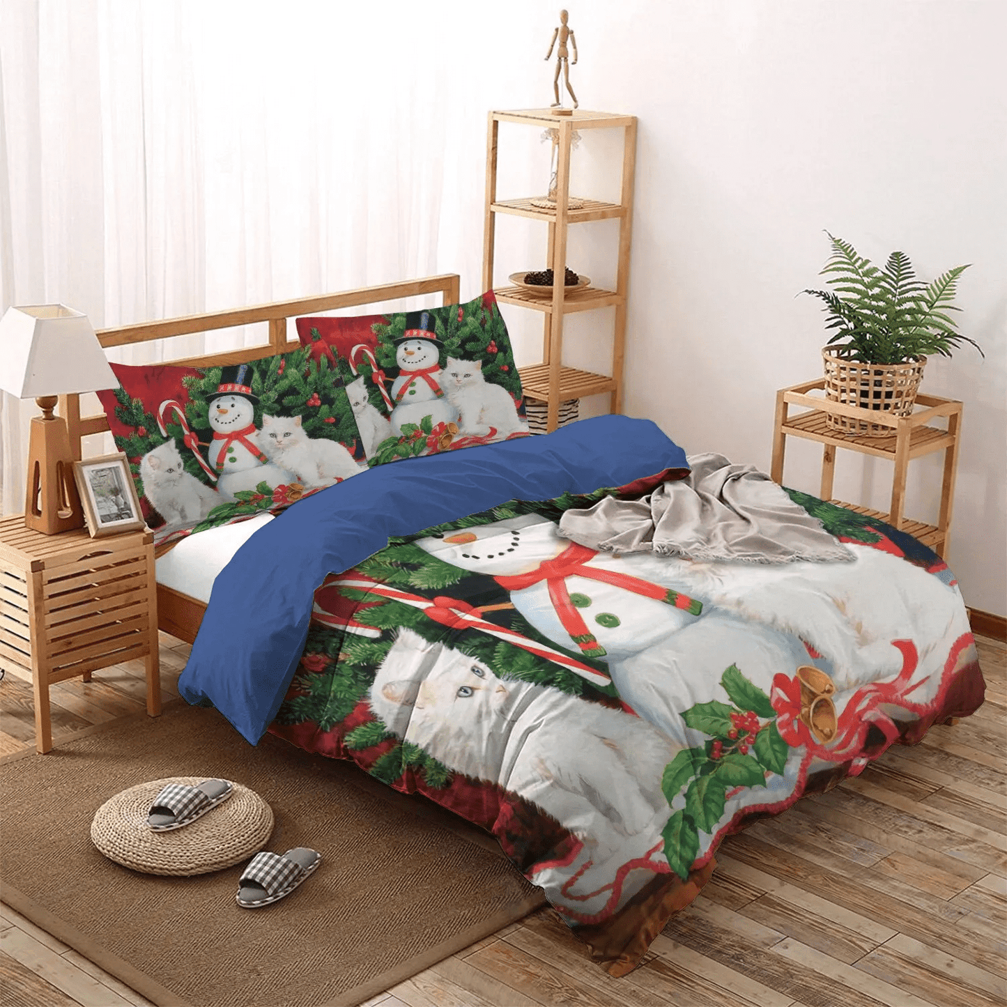 Christmas Soft Duvet Cover Set, Cat Bedding set, Snowman King Size Bedding Set, Cat And Snowman DKN Bedding Set, Gifts for Snowman