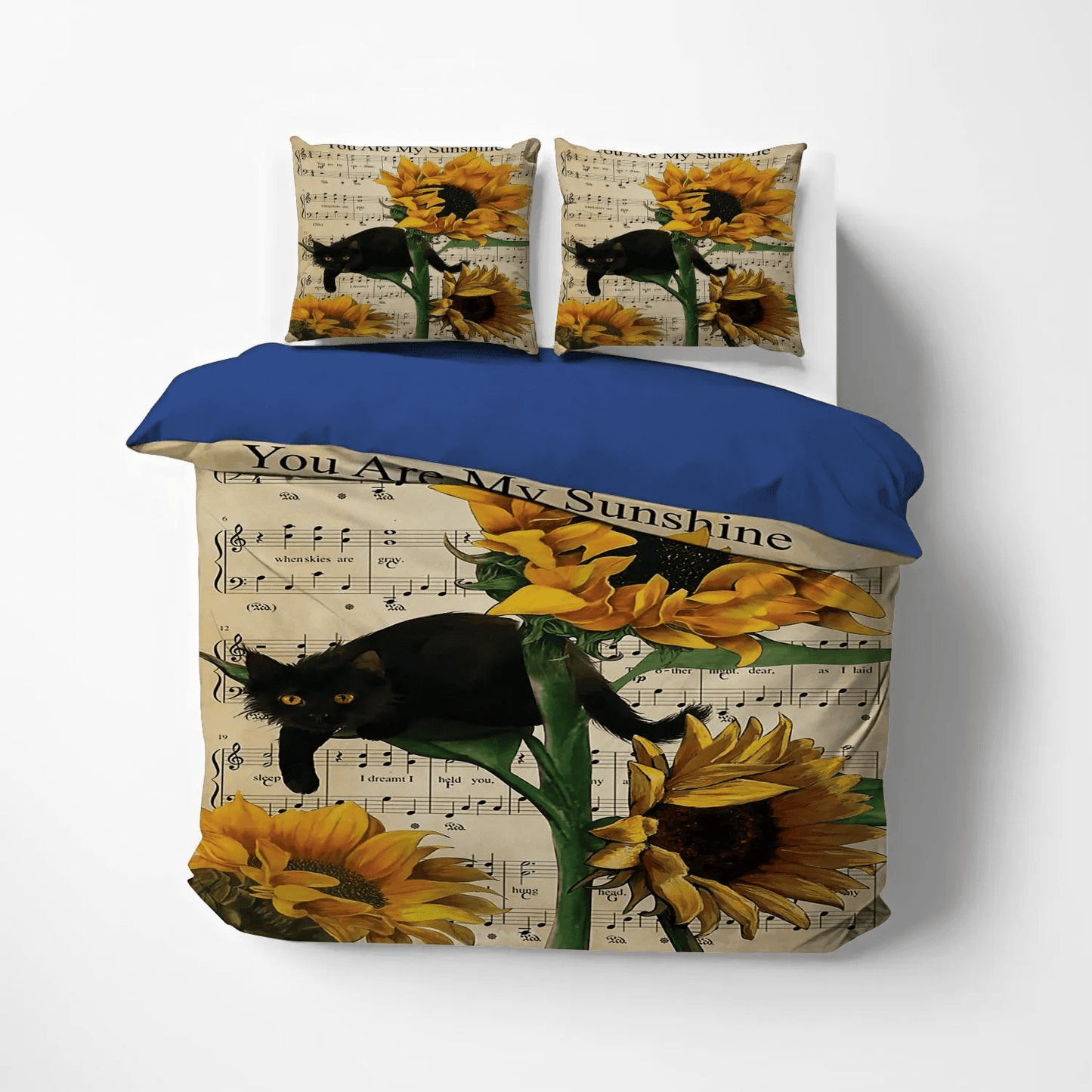 Personalized 3-piece Duvet Cover Bedding Set Music Maker Queen Size Bedding Set, Music Producer Bedding set, Black Cat Music And Sunflower Bedding Set, Gifts for Sunflower
