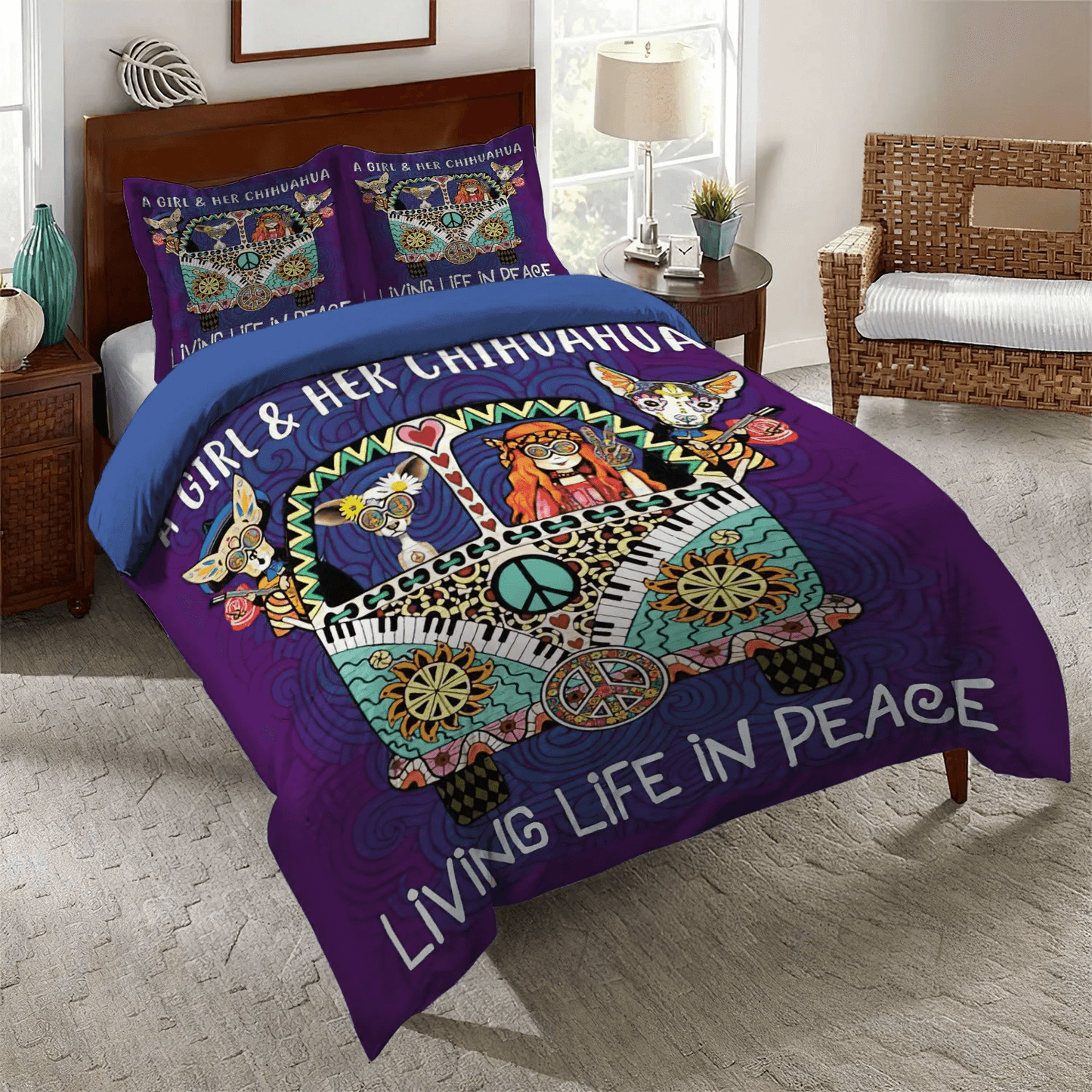 Chihuahua Dog Lover Bedding set, Chihuahua Owner Soft Duvet Cover Set, Chihuahua Hippie Bedding Set, Gifts for Hippie