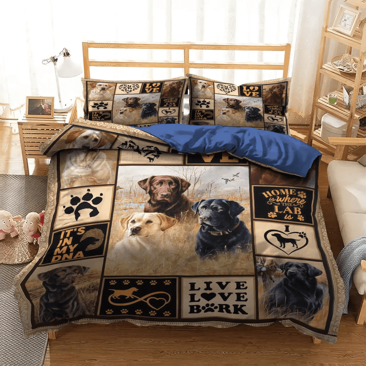 Cute Sleeping Chibi Dog Queen Size Bedding Set, Retriever Pattern Labrado Pattern Design Soft Duvet Cover Set, Labrador Dog Bedding Set, Gifts for Dog