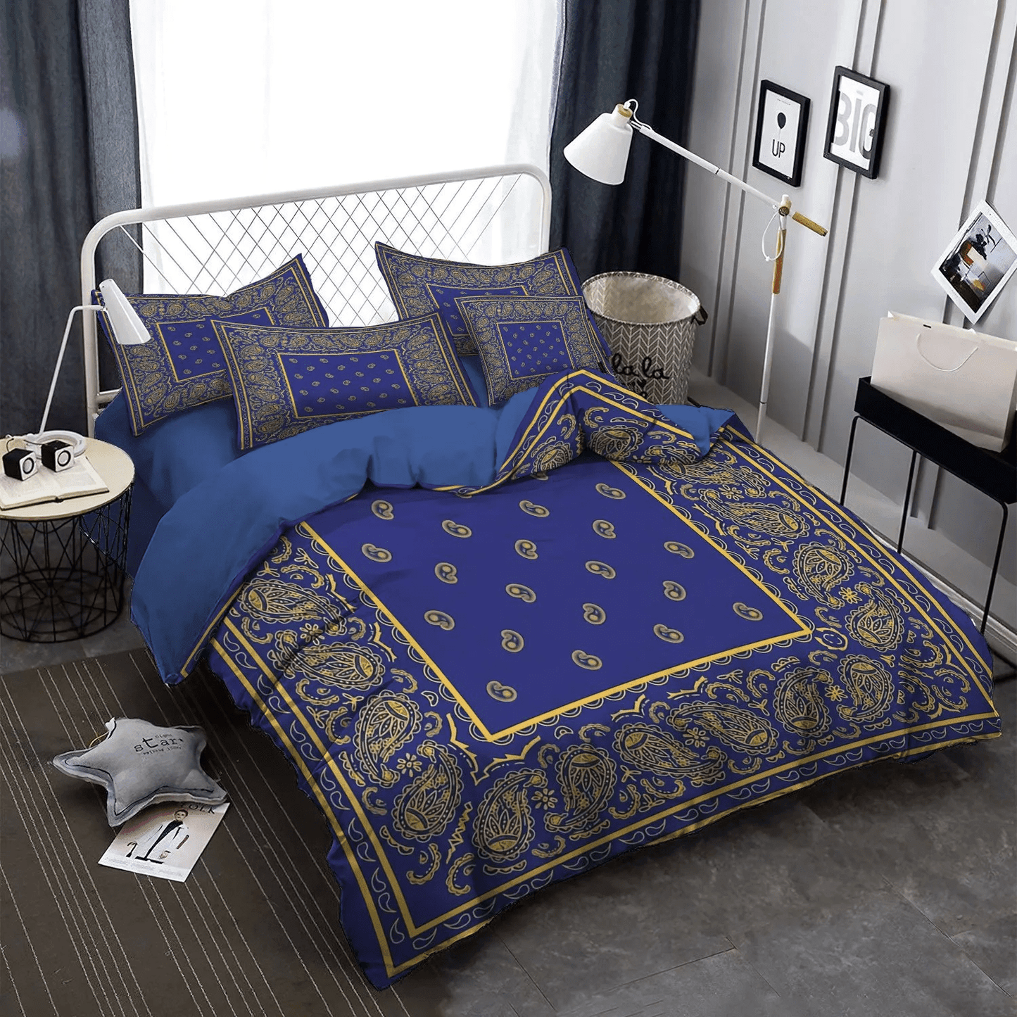 Gold Soft Duvet Cover Set, Girls Horse Bandana Queen Size Bedding Set, Blue And Gold Bandana DNT Bedding Set, Gifts for Gold