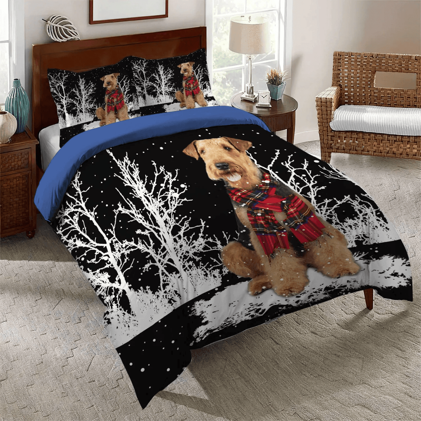 Airedale Terrier Bedding set, Dog Airedale Terrier Soft Duvet Cover Set, Airedale Terrier Snowy Night Bedding Set, Gifts for Airedale Terrier
