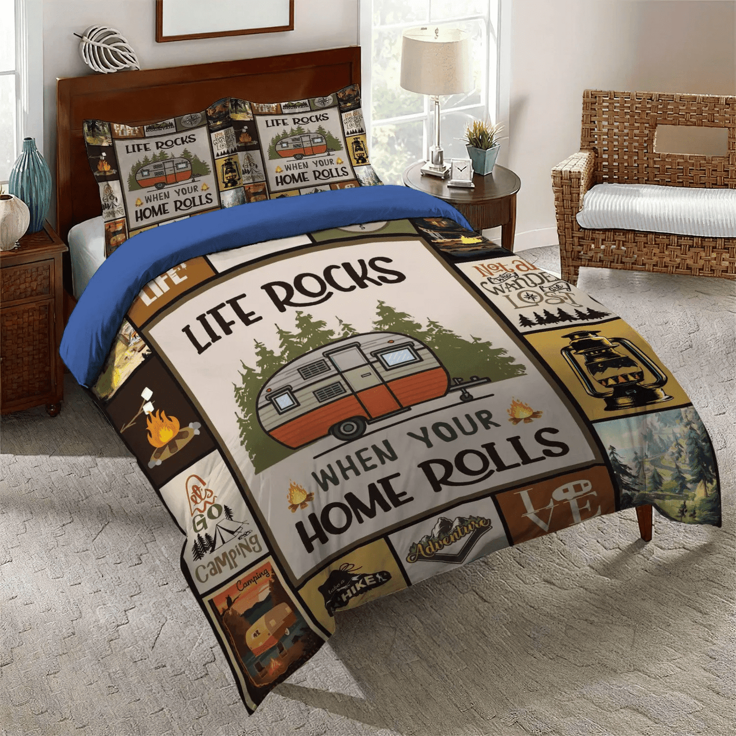 Camping Matching King Size Bedding Set, Family Camping Soft Duvet Cover Set, Camping Life Rocks Bedding Set, Gifts for Camping