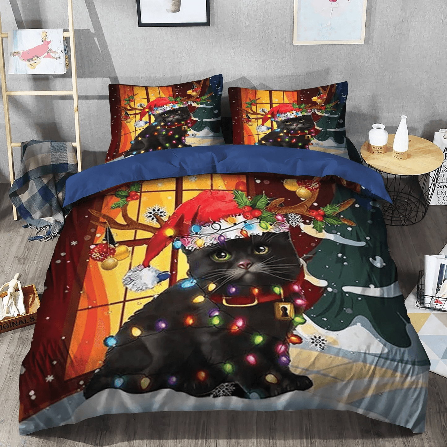 Personalized 3-piece Duvet Cover Bedding Set Black Cat Queen Size Bedding Set, Happy Black Cat King Size Bedding Set, Black Cat Christmas Bedding Set, Gifts for Christmas