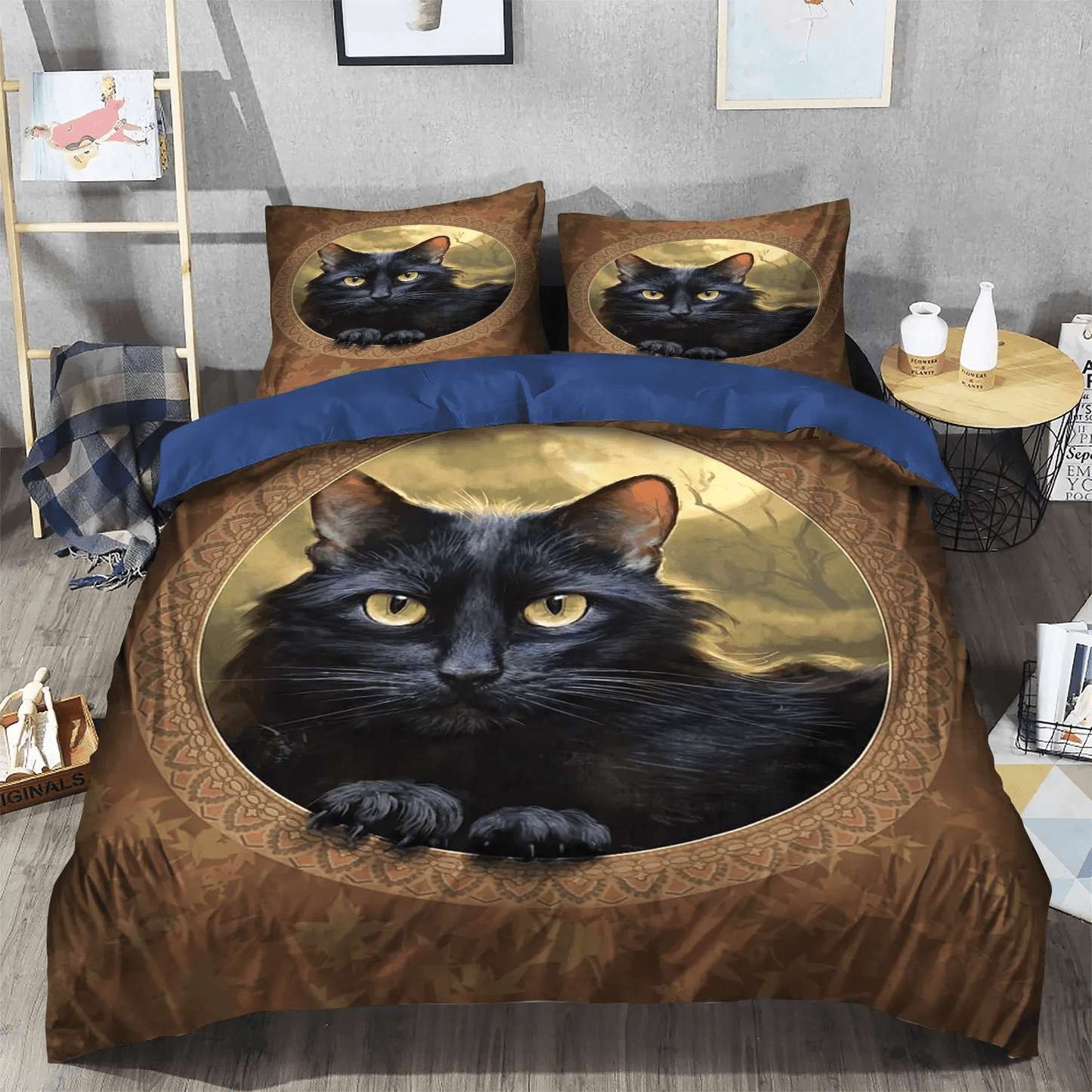 Black Cat Soft Duvet Cover Set, Autumns Queen Size Bedding Set, Happy Black Cat Bedding set, Black Cat Autumn Bedding Set, Gifts for Autumn