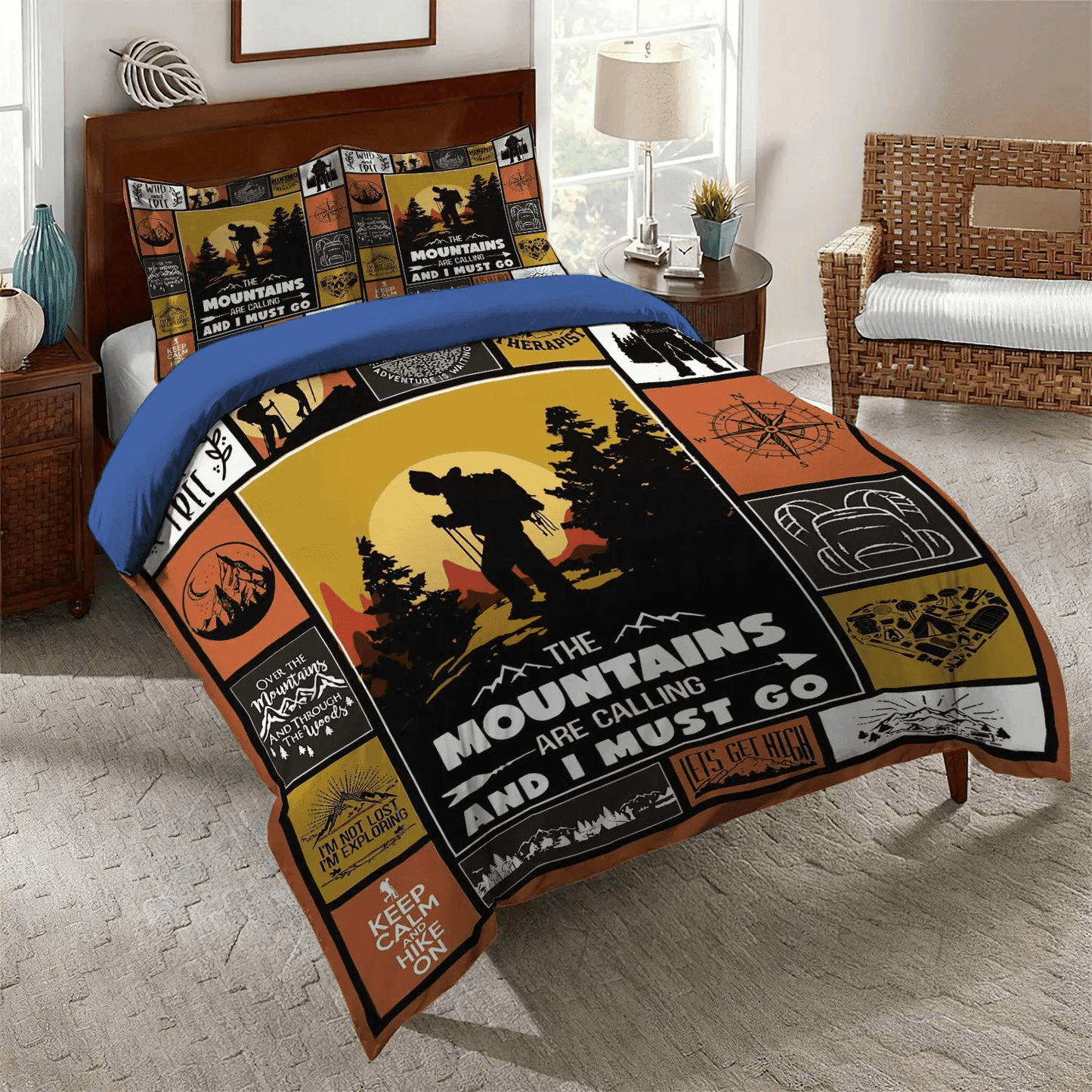 Funny Camping Queen Size Bedding Set, Pink Mountains Bedding set, Hiking Soft Duvet Cover Set, Hiking Mountain Calling Bedding Set, Gifts for Mountain