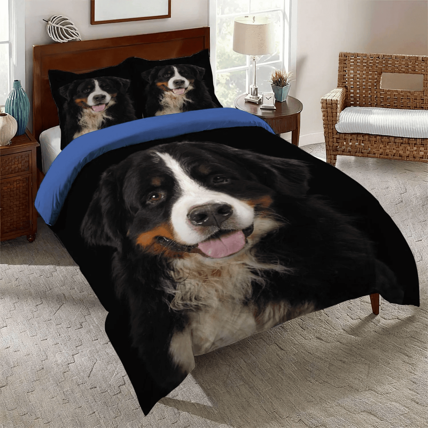 Cute Sleeping Chibi Dog Soft Duvet Cover Set, Bernese Mountain Lover Floral King Size Bedding Set, Bernese Mountain Dog Bedding Set, Gifts for Dog