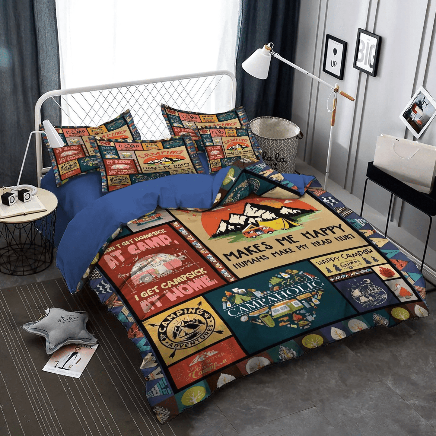 Camping Queen Size Bedding Set, Camping Matching Bedding set, Happy Camper Soft Duvet Cover Set, Camping Happy Camper Bedding Set, Gifts for Camping