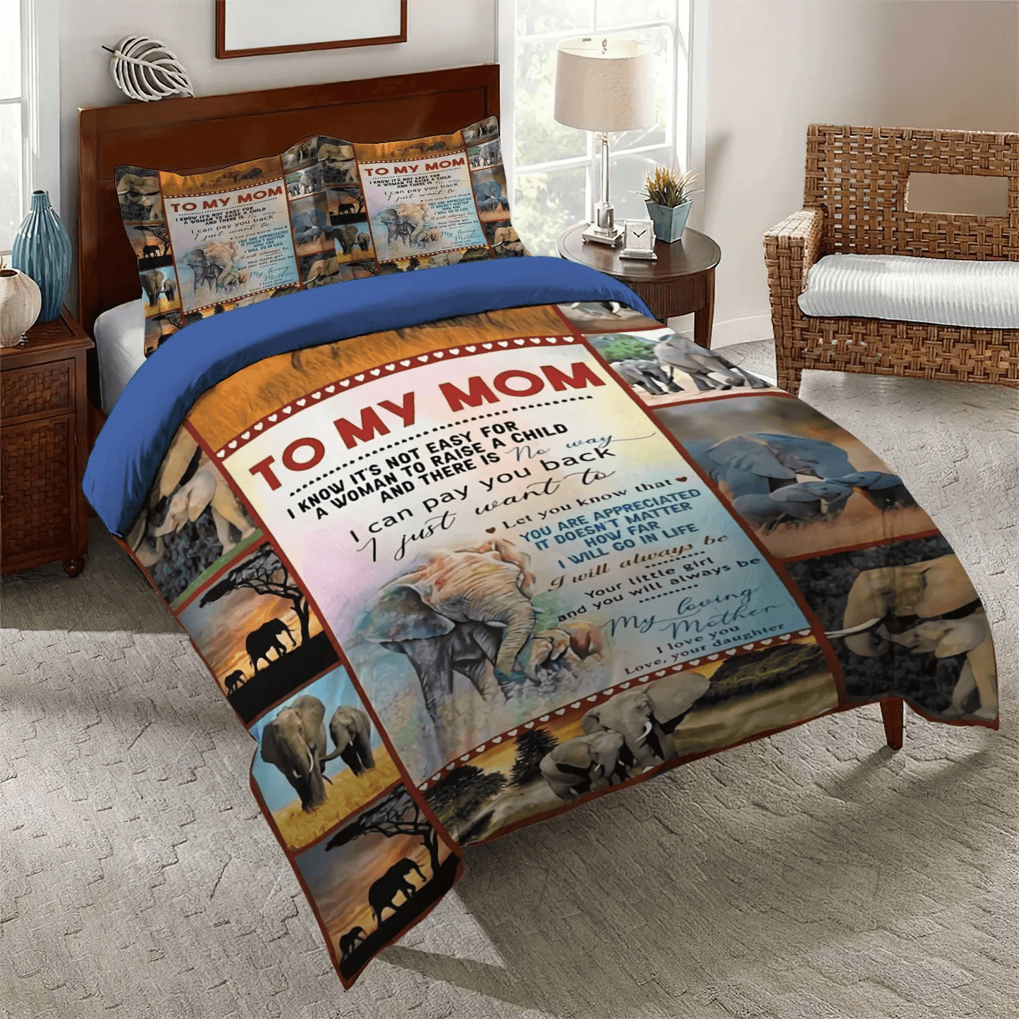 African Elephant Silhouette(s) Soft Duvet Cover Set, Mother Mother Band Queen Size Bedding Set, Elephant To My Mom Bedding Set, Gifts for Elephant