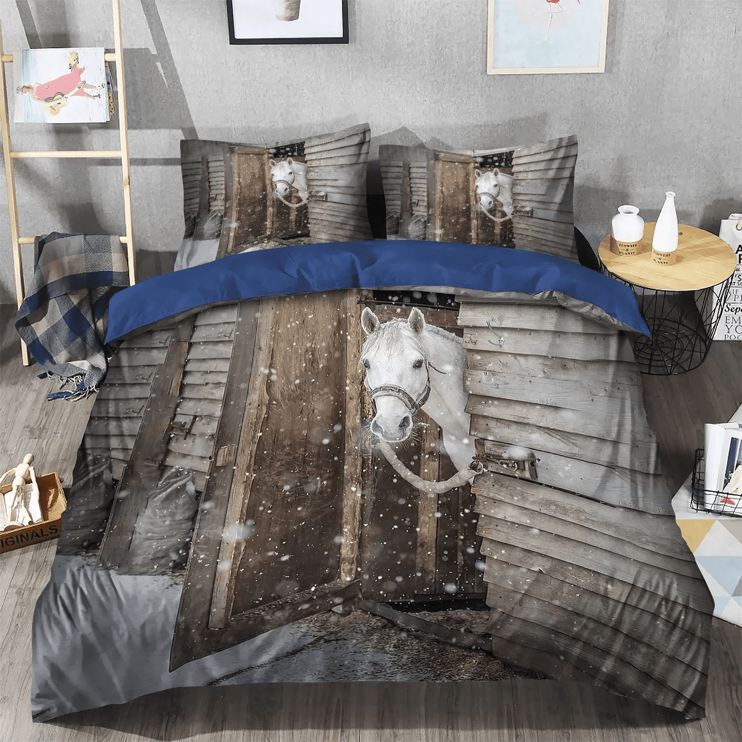 Abstract Horse King Size Bedding Set, Galloping Horse Queen Size Bedding Set, Horse Soft Duvet Cover Set, Winter Horse LA Bedding Set, Gifts for Horse