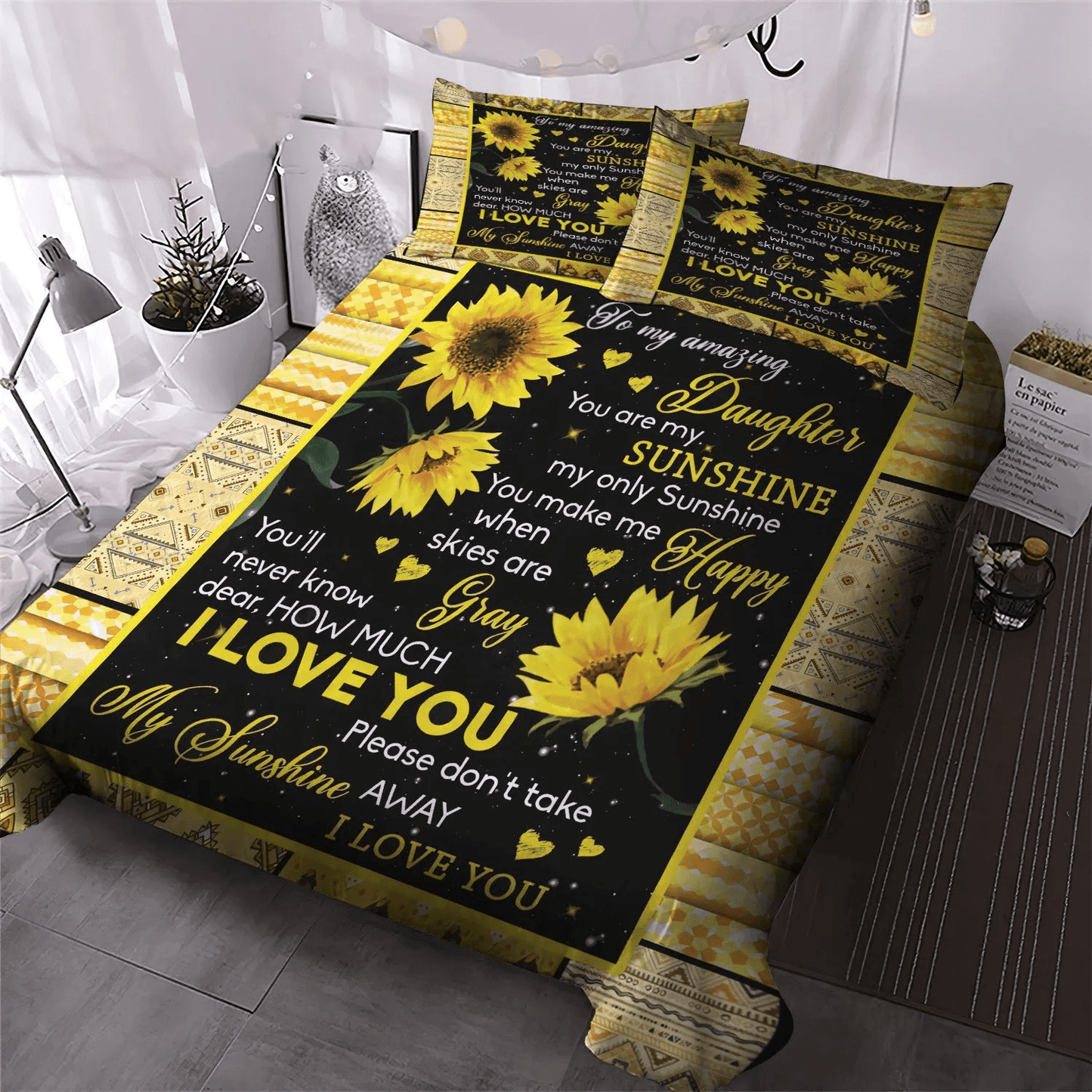 Daughters Soft Duvet Cover Set, Daughter Queen Size Bedding Set, Parenting Bedding set, To My Daughter Sunflower Bedding Set, Gifts for Sunflower