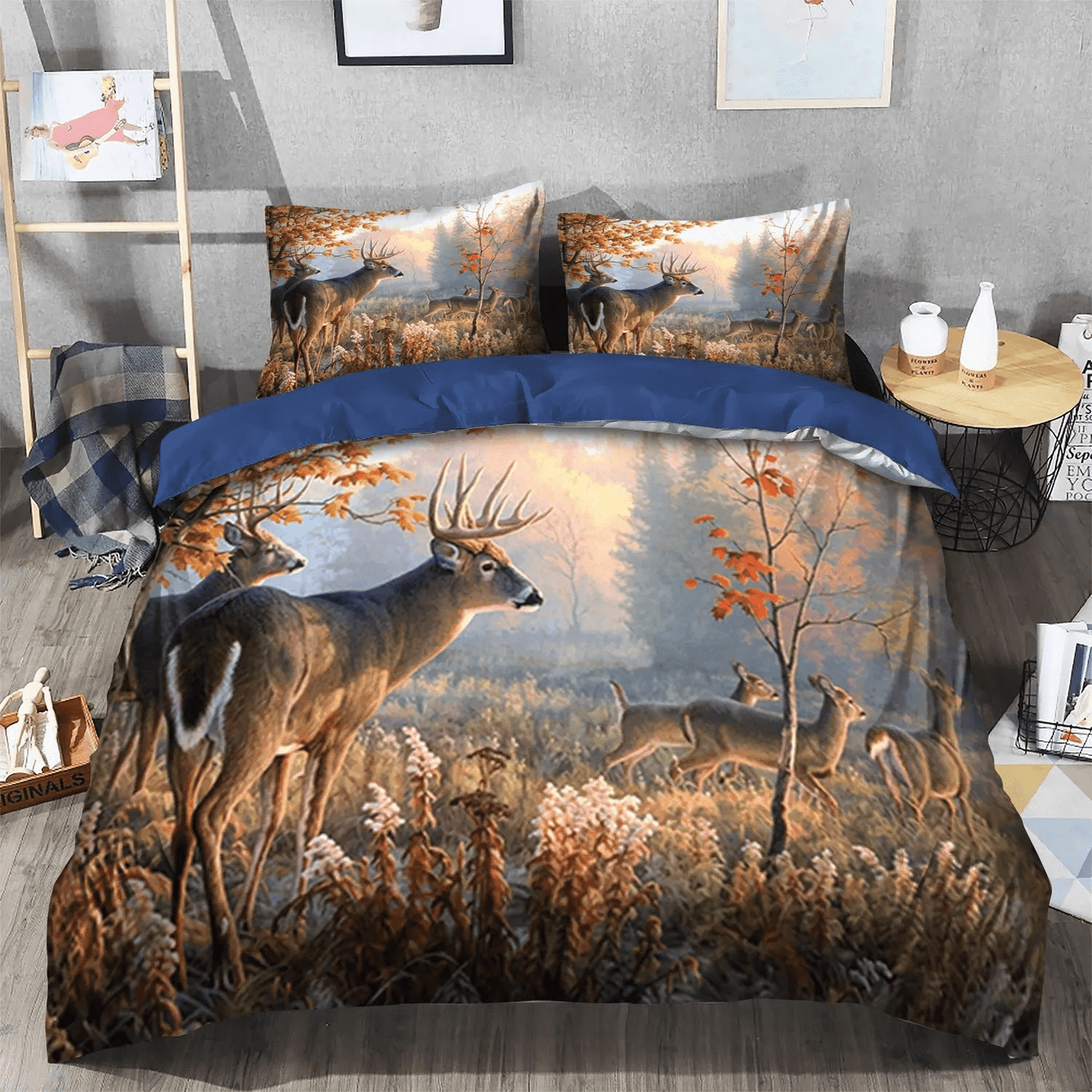 Flower King Size Bedding Set, Deer Lover Soft Duvet Cover Set, Deer Hunting Flowers TF Bedding Set, Gifts for Flower