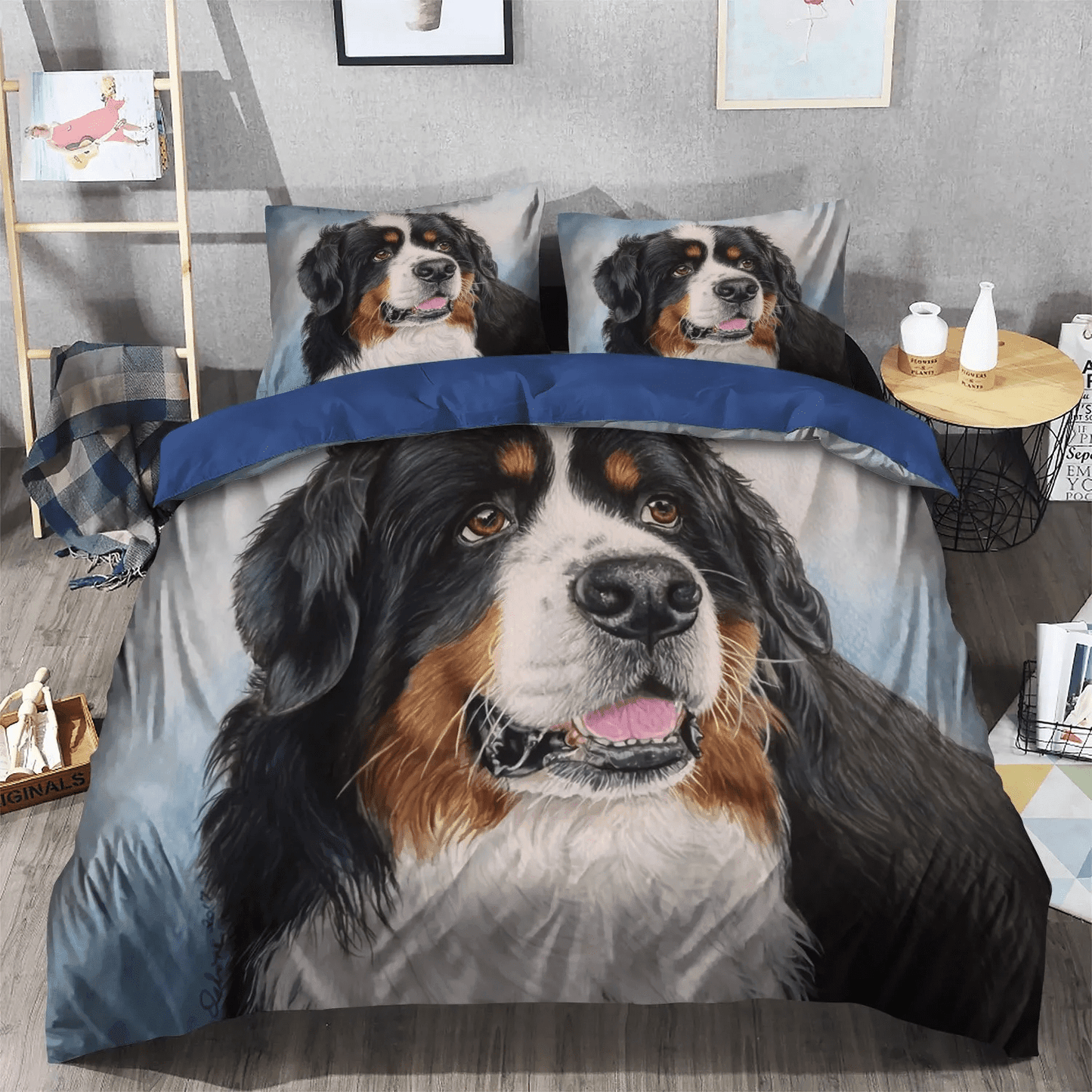 Cute Sleeping Chibi Dog King Size Bedding Set, Bernese Mountain Lover Floral Soft Duvet Cover Set, Bernese Mountain Dog Bedding Set, Gifts for Dog
