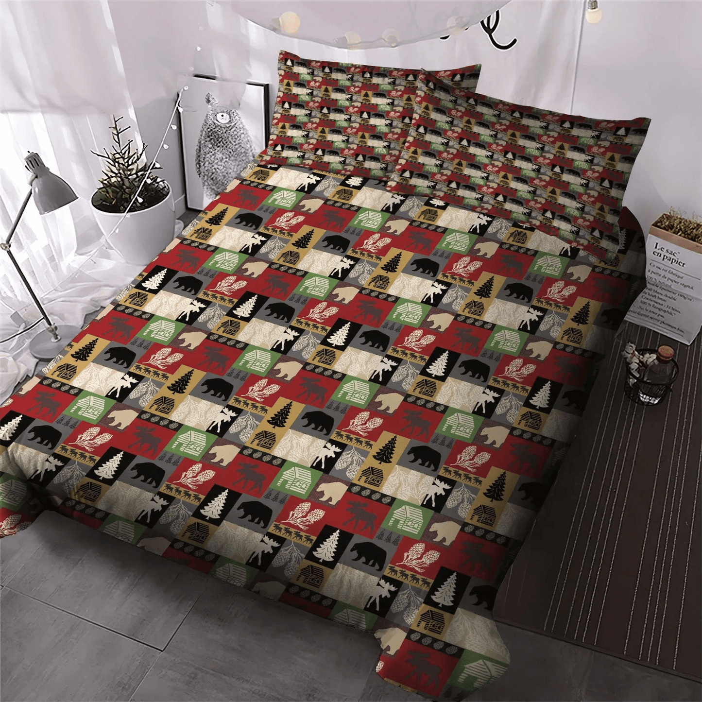 Blue Cat Lodge Soft Duvet Cover Set, Lodge Bedding set, Live Love Lodge King Size Bedding Set, Lodge Patchwork Bedding Set, Gifts for Lodge