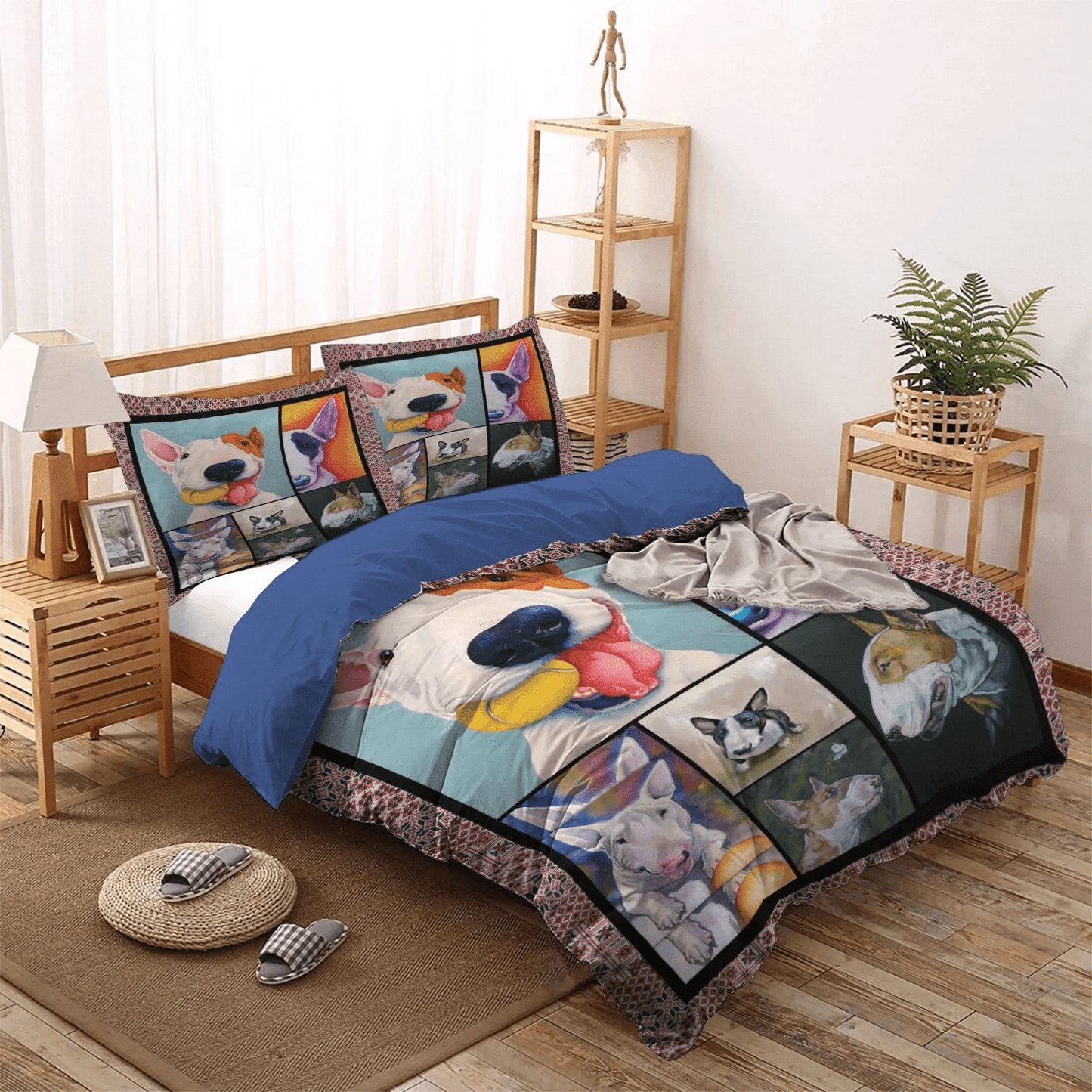 Cute Sleeping Chibi Dog Soft Duvet Cover Set, Bull Terrier Mom Queen Size Bedding Set, Bull Terrier Dog Bedding Set, Gifts for Bull Terrier