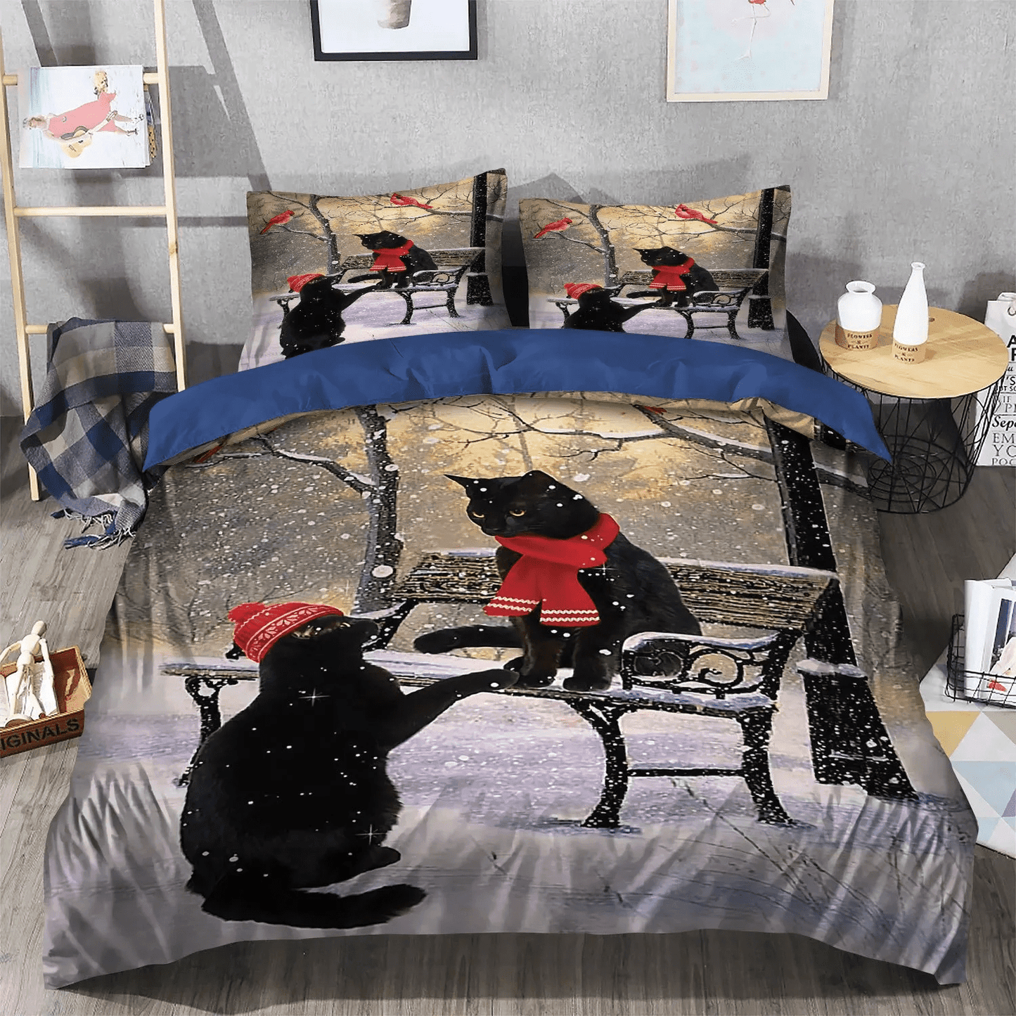 Black Cat Nsn Transparent Bedding set, Winter Sports Soft Duvet Cover Set, Black Cat Hello Winter Bedding Set, Gifts for Winter