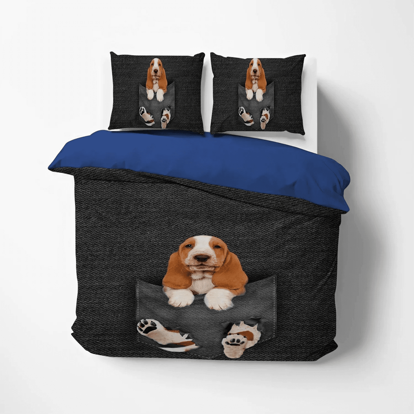 Basset Hound Soft Duvet Cover Set, Dog Basset Hound White Bedding set, Basset Hound In Pocket PTS Bedding Set, Gifts for Basset Hound