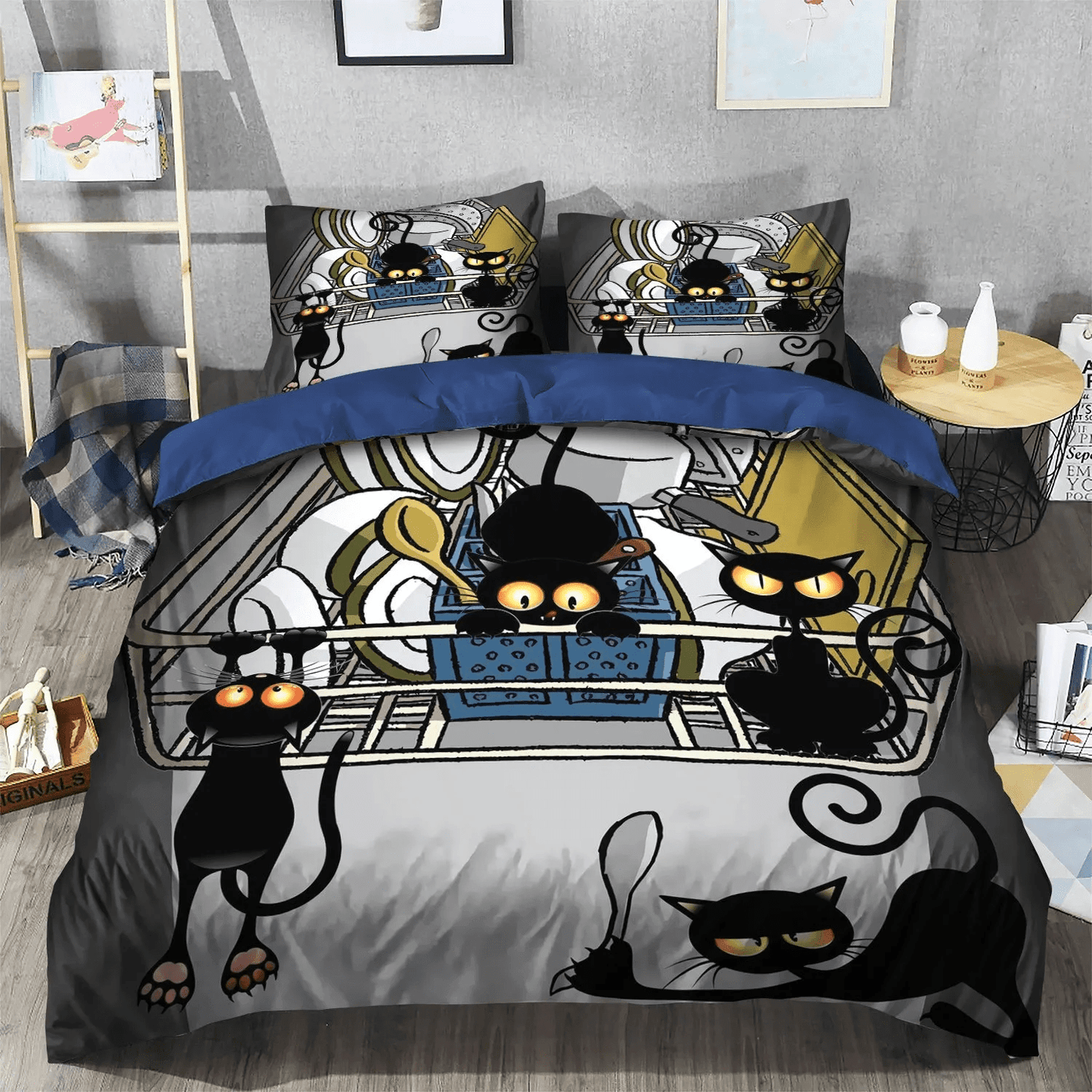 Black Cat Foals Soft Duvet Cover Set, Black Cat Bedding set, Black Cat Dishes Bedding Set, Gifts for Black Cat