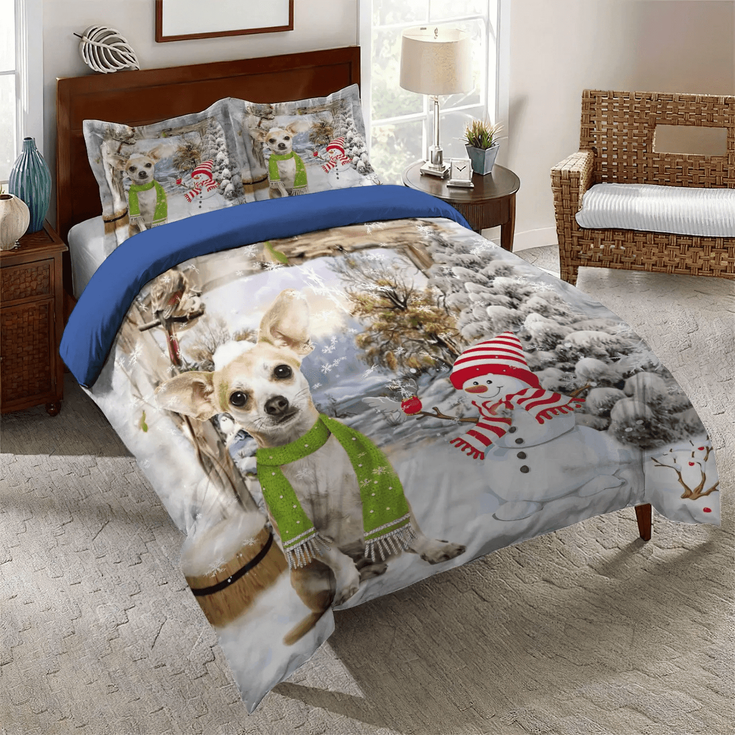 Chihuahua Dog Lover Queen Size Bedding Set, Chihuahua Owner Soft Duvet Cover Set, Chihuahua And Snowman Bedding Set, Gifts for Snowman