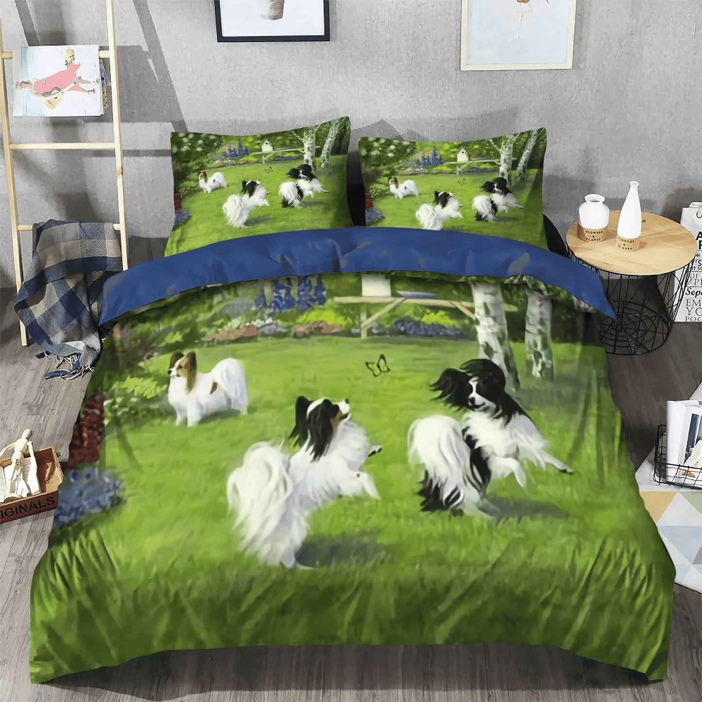 Awesome Papillon Floral Queen Size Bedding Set, Papillon Soft Duvet Cover Set, Dog Bedding set, Papillon Dog Bedding Set, Gifts for Dog