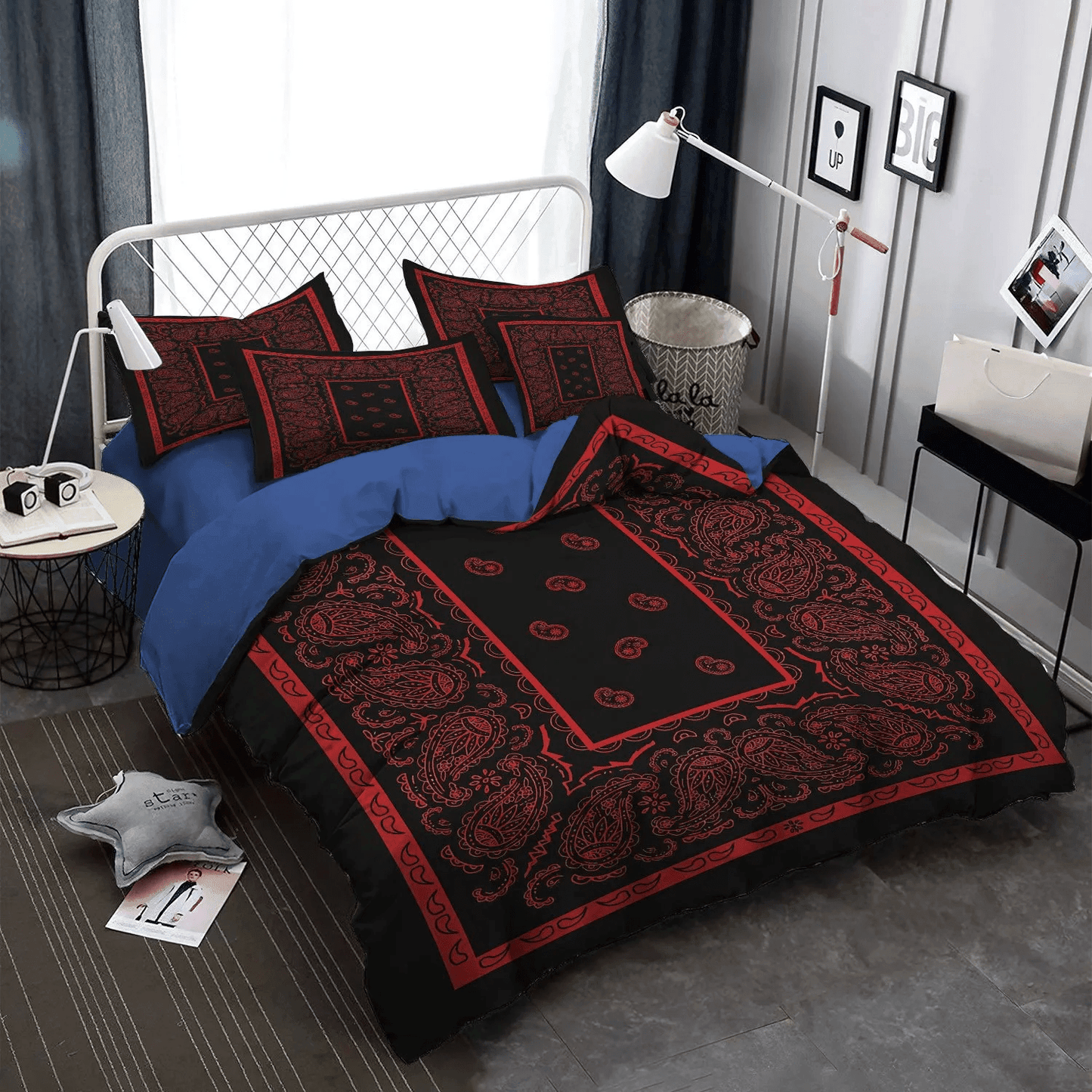 Bandana Queen Size Bedding Set, Red Bedding set, Horse Bandana Soft Duvet Cover Set, Black And Red Bandana Bedding Set, Gifts for Bandana