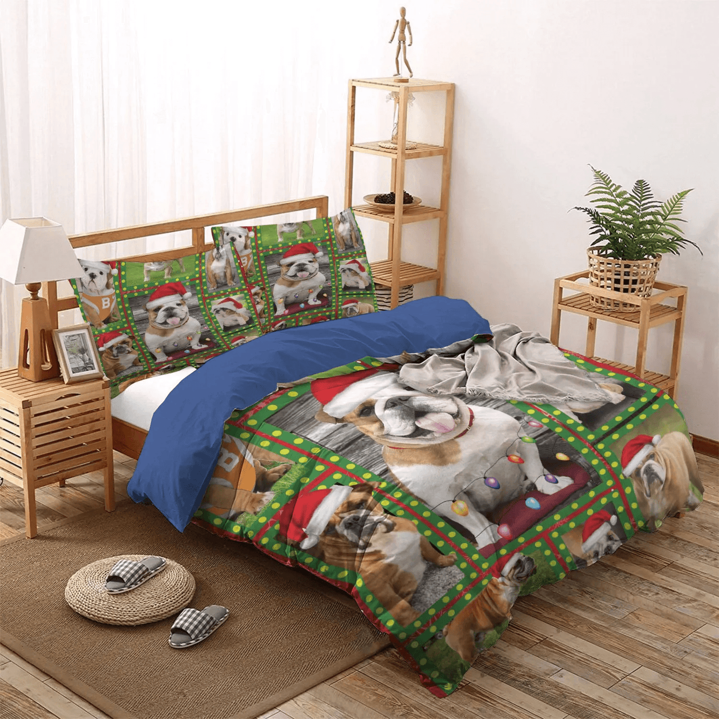 Merry Christmas Quotes Soft Duvet Cover Set, Dog Lover King Size Bedding Set, Bulldog Christmas Bedding Set, Gifts for Christmas