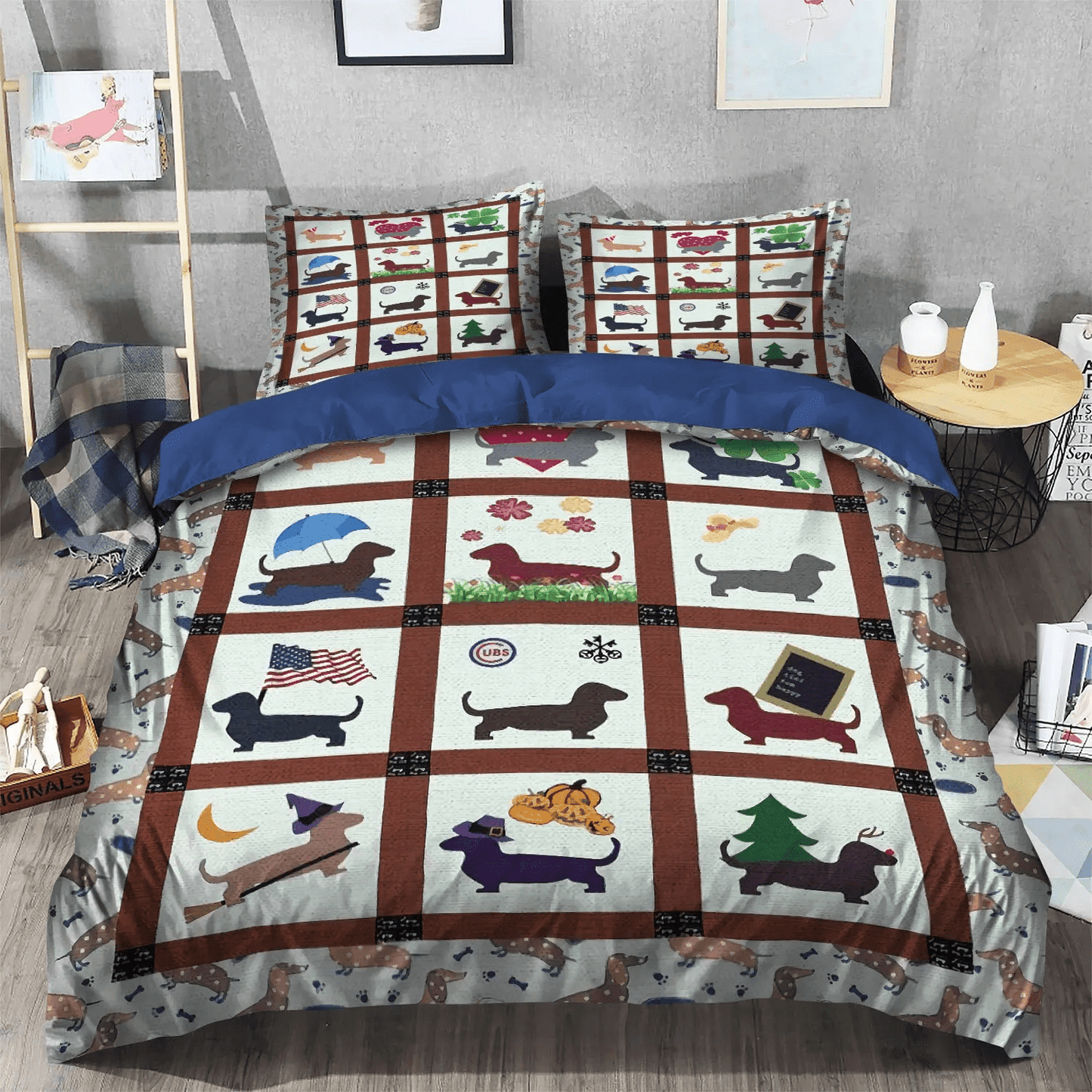 Chibi Dog Chibi Dog Chibi Dog Chibi Dog Soft Duvet Cover Set, Dog Queen Size Bedding Set, Dog Dachshund Bedding Set, Gifts for Dachshund