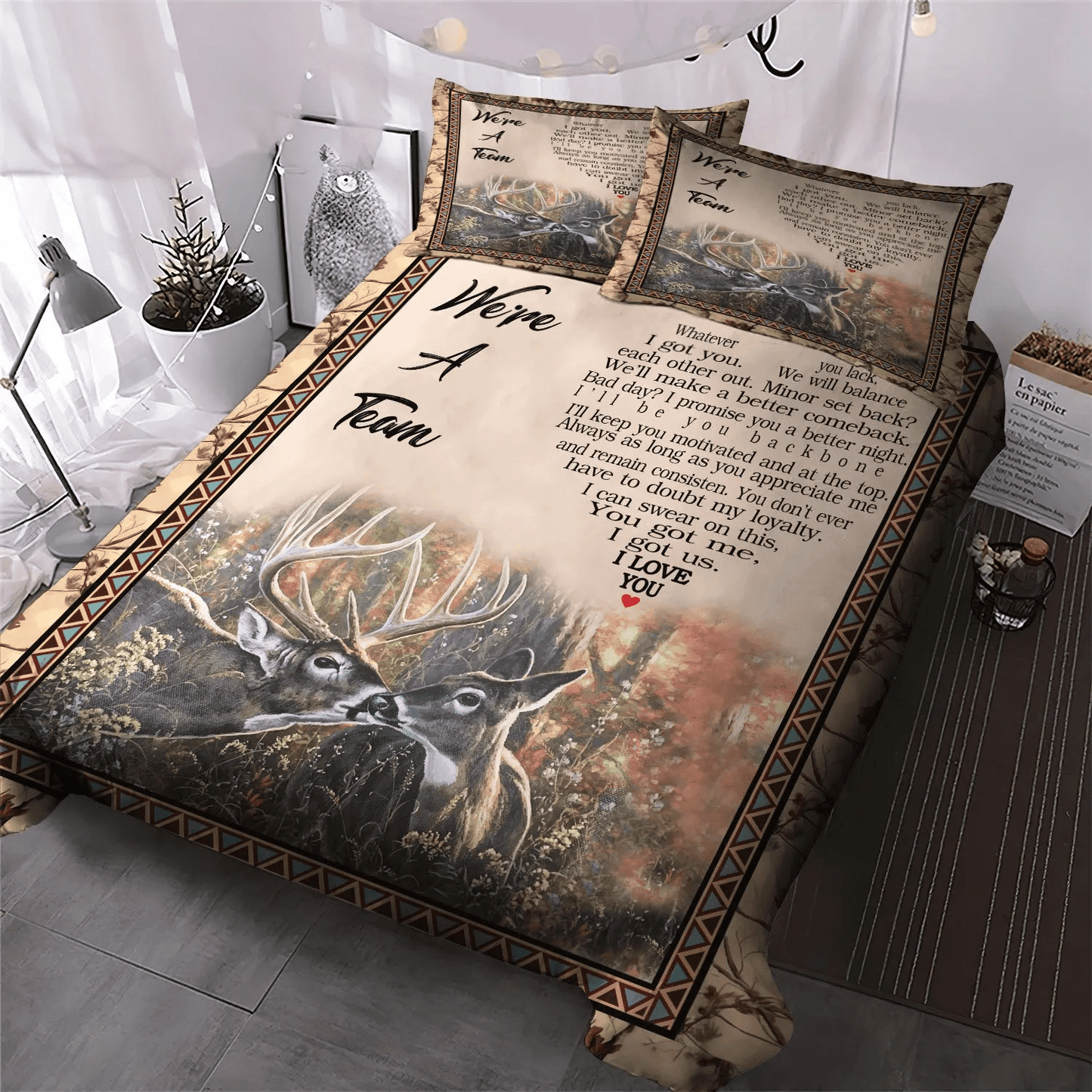 American Flag Deer Hunting Soft Duvet Cover Set, Hunting We're A Team Buck And Doe Bedding Set, Gifts for Hunting