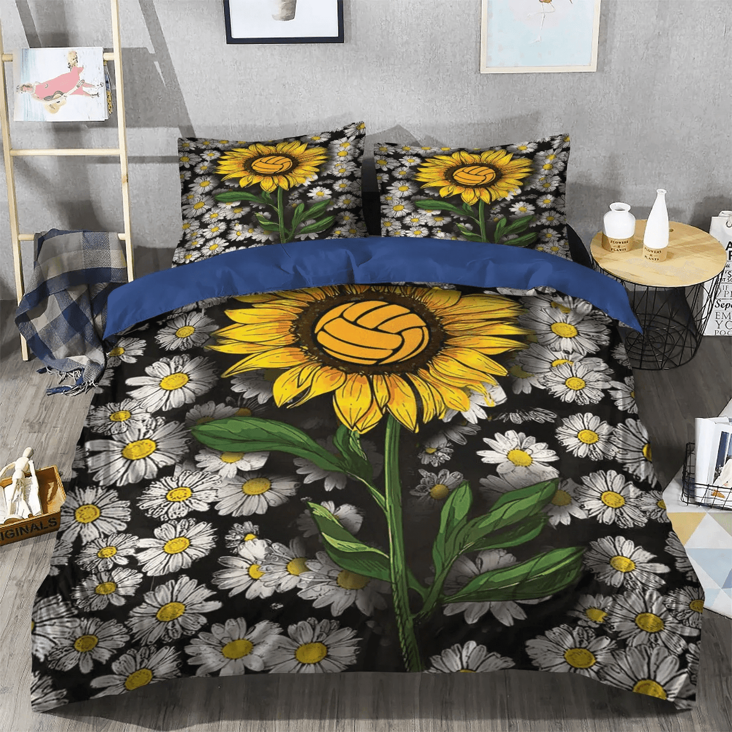 Volleyball Heartbeat Queen Size Bedding Set, Volleyball Mom Soft Duvet Cover Set, Volleyball Sunflower Bedding Set, Gifts for Volleyball